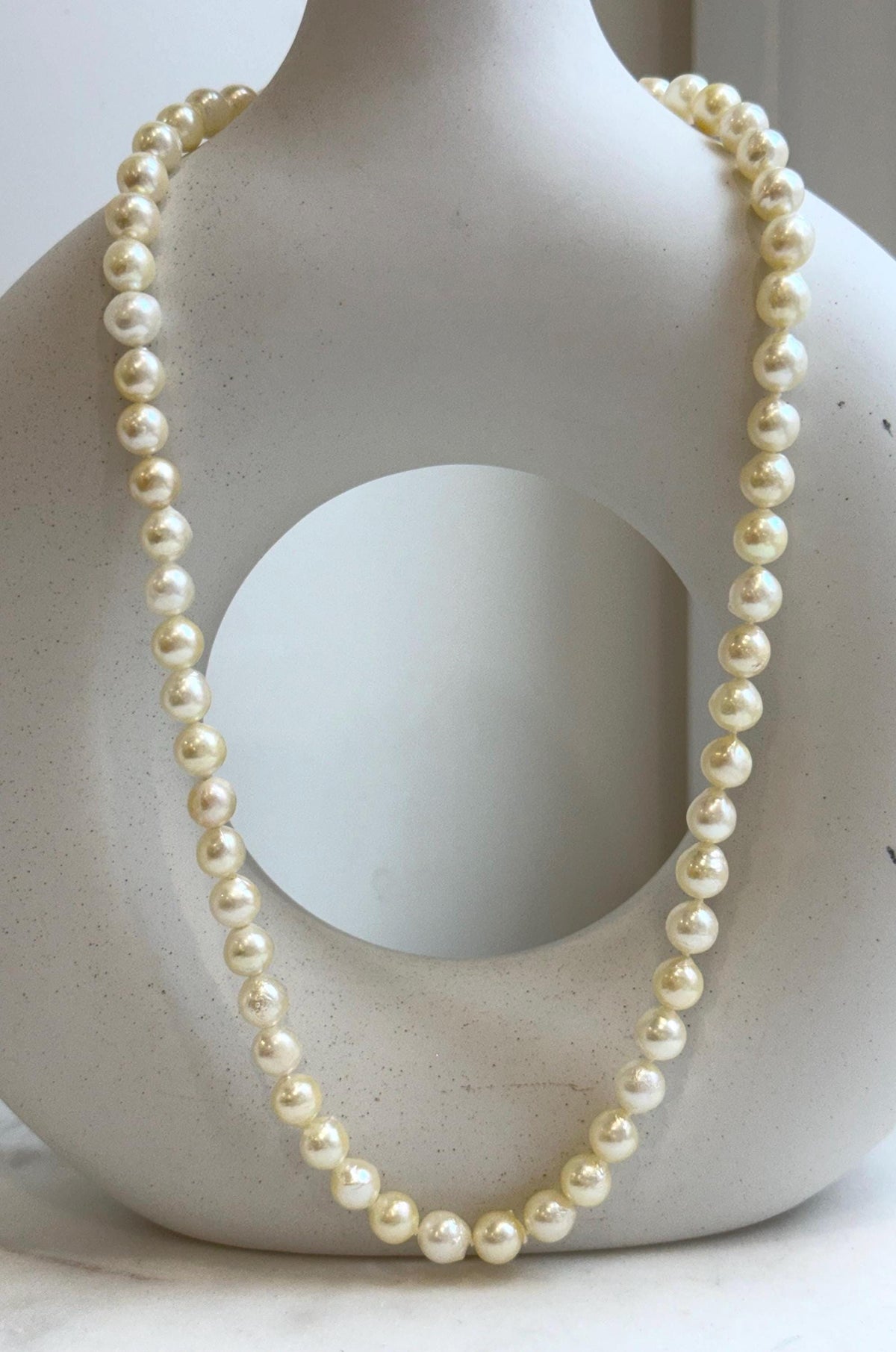 Elly’s 7-7.4mm 59pcs Akoya light golden ocean pearls necklace:Extreme luster mirrored, knotted, 18.7”, S925 silver necklace strand. gift for her