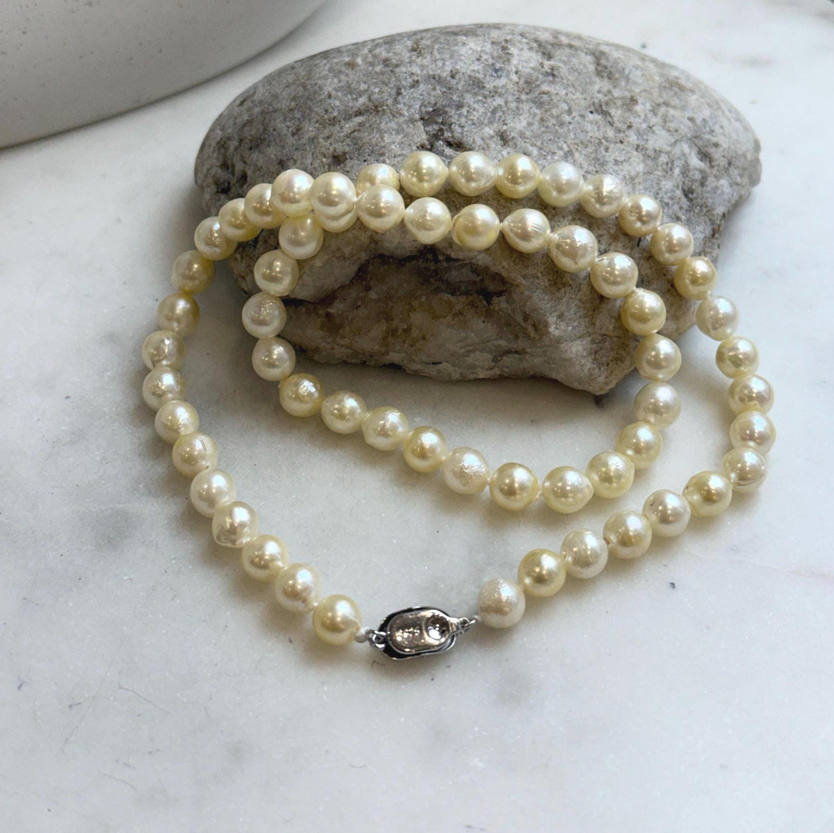 Elly’s 7-7.4mm 59pcs Akoya light golden ocean pearls necklace:Extreme luster mirrored, knotted, 18.7”, S925 silver necklace strand. gift for her