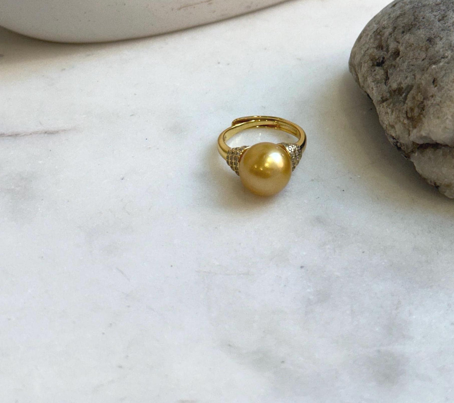 Elly’s 11.2mm South sea deep golden ocean pearl Ring: Extreme luster mirrored, S925 silver with gold plated adjustable Vintage Ring.gift for her birthday