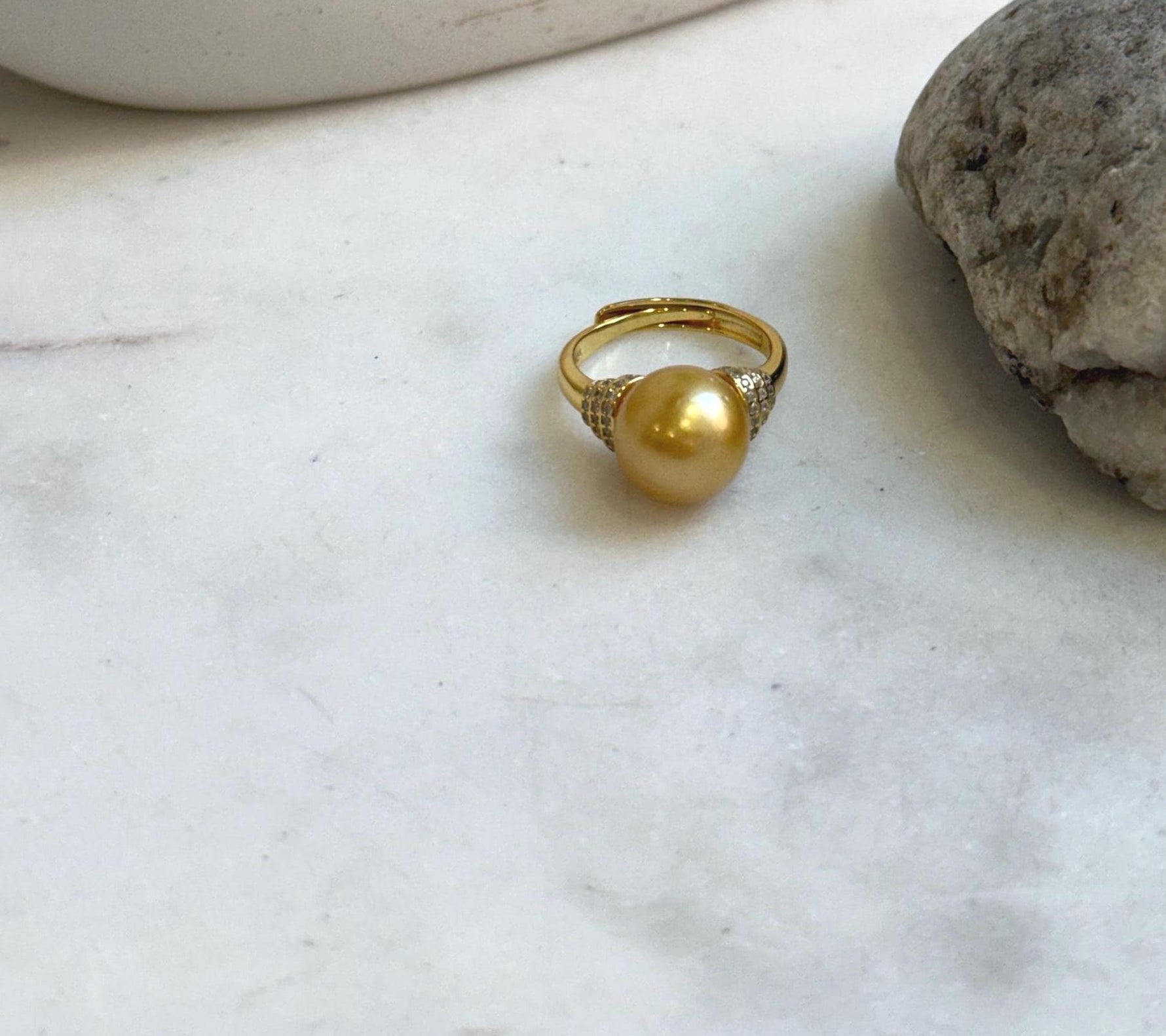 Elly’s 11.2mm South sea deep golden ocean pearl Ring: Extreme luster mirrored, S925 silver with gold plated adjustable Vintage Ring.gift for her birthday