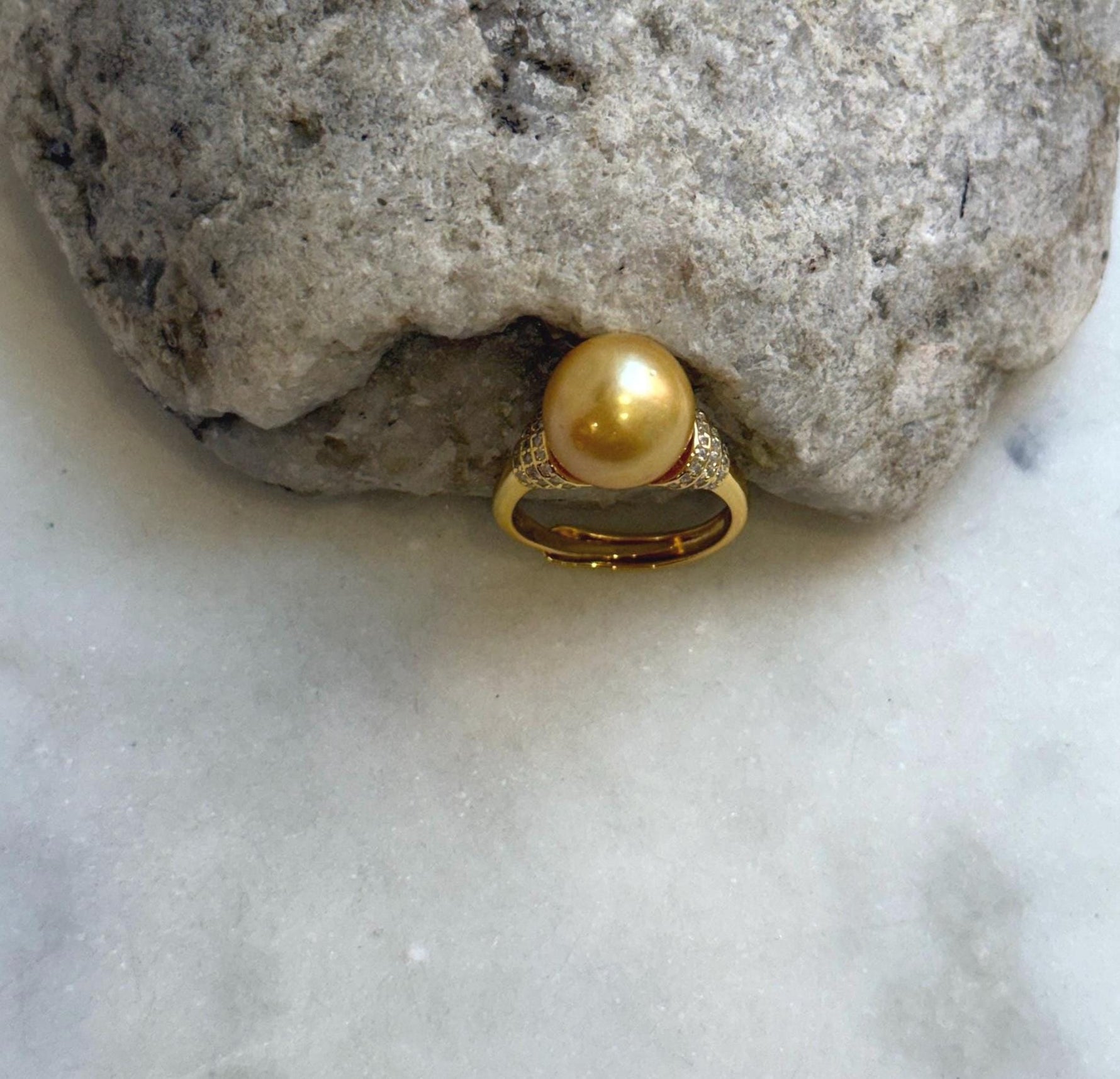 Elly’s 11.2mm South sea deep golden ocean pearl Ring: Extreme luster mirrored, S925 silver with gold plated adjustable Vintage Ring.gift for her anniversary