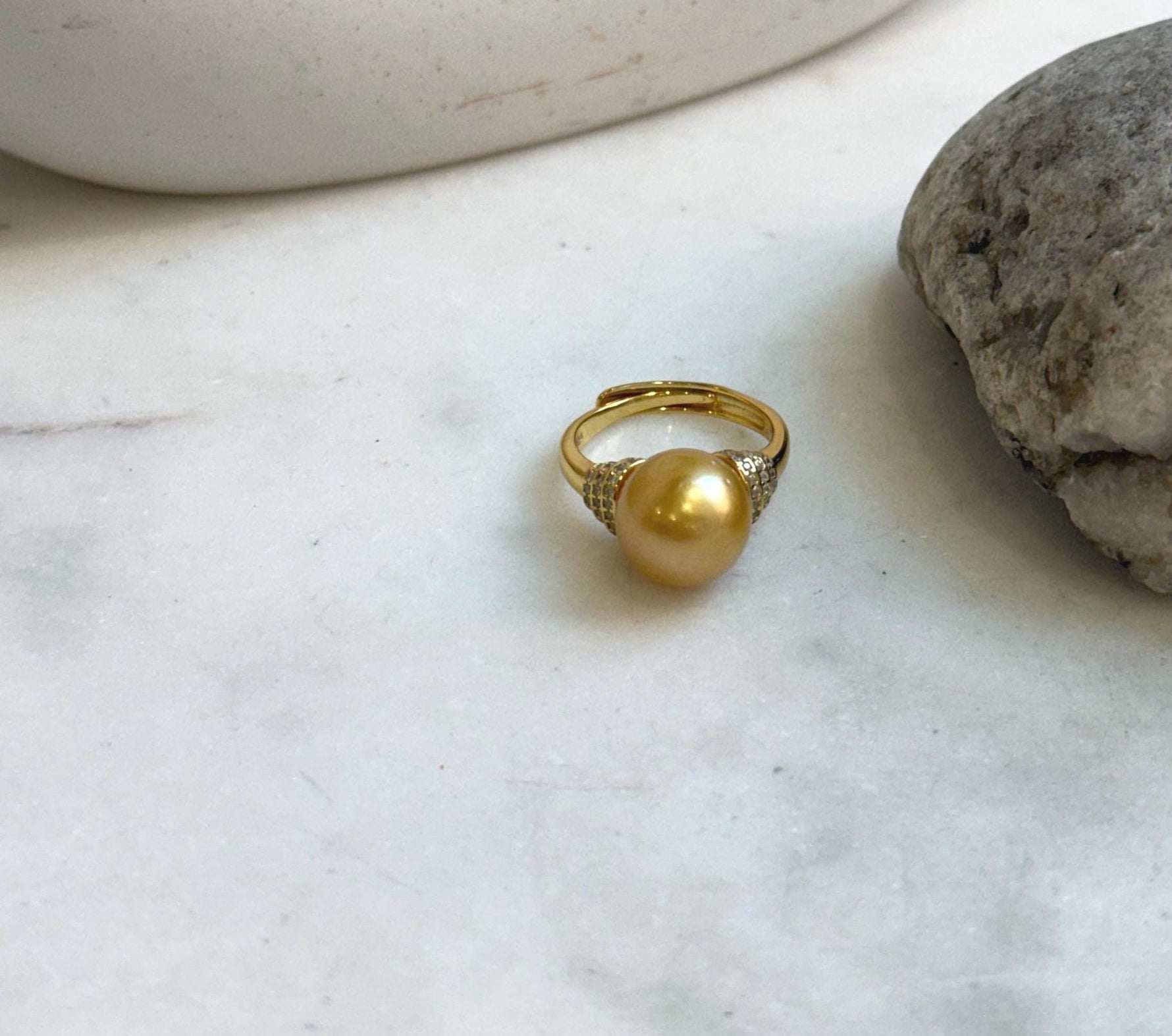 Elly’s 11.2mm South sea deep golden ocean pearl Ring: Extreme luster mirrored, S925 silver with gold plated adjustable Vintage Ring.gift for her
