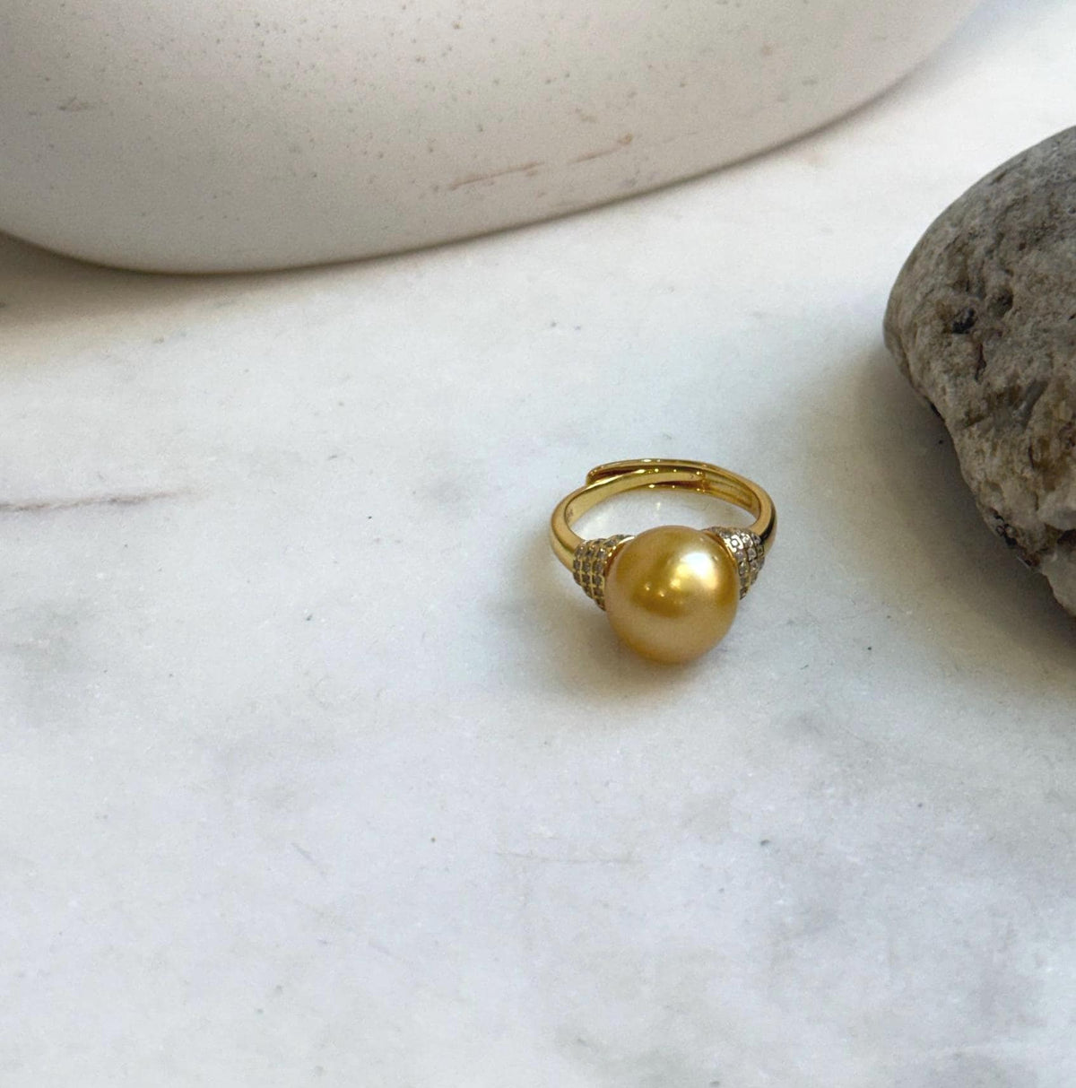 Elly’s 11.2mm South sea deep golden ocean pearl Ring: Extreme luster mirrored, S925 silver with gold plated adjustable Vintage Ring.gift for her