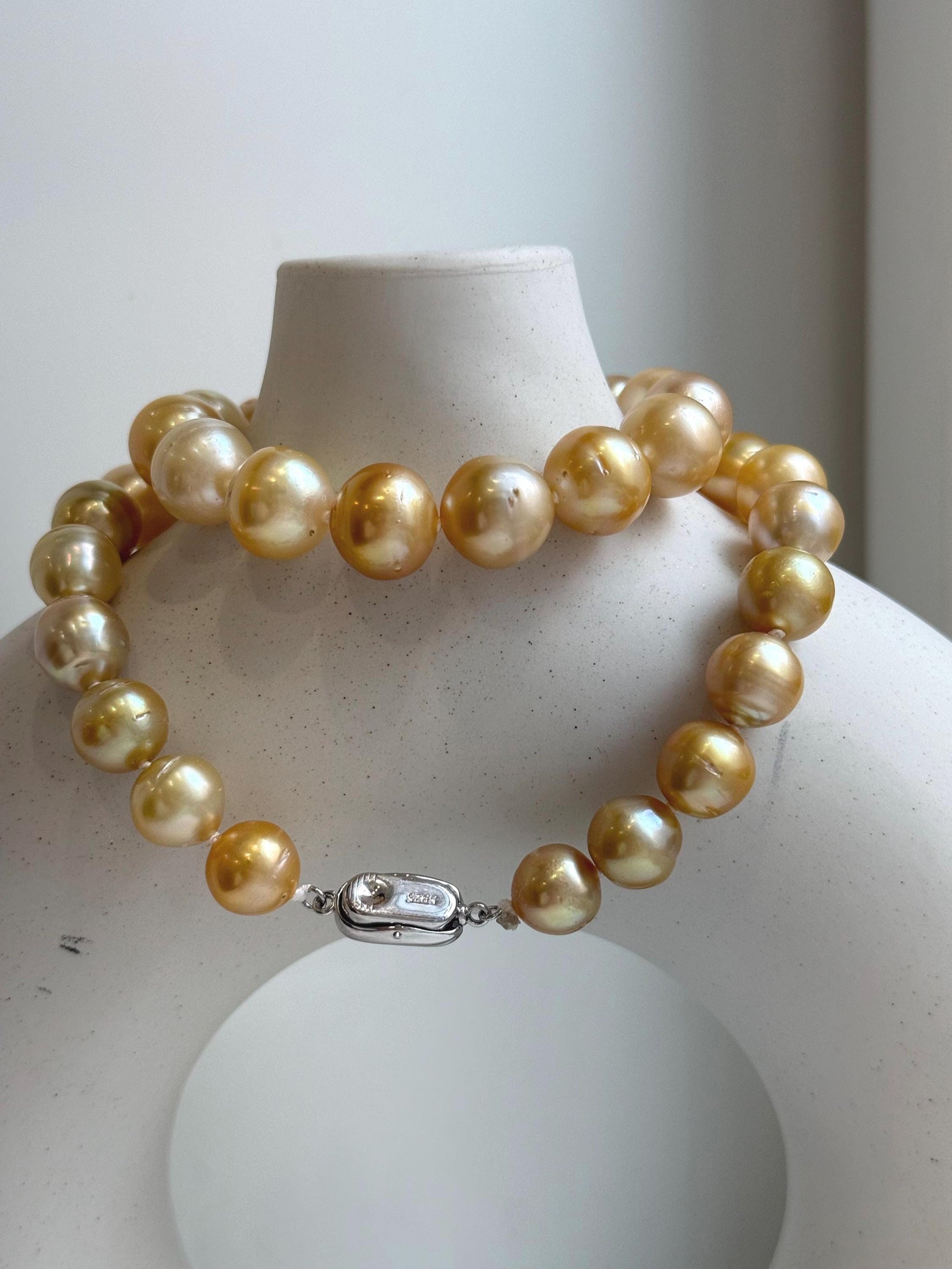 Elly’s 9.8-12.7mm 38pcs South sea Golden Ocean Pearls Necklace: Extreme luster, 18.5” knotted, S925 silver necklace strand.gift for her statement