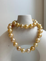 Elly’s 9.8-12.7mm 38pcs South sea Golden Ocean Pearls Necklace: Extreme luster, 18.5” knotted, S925 silver necklace strand.gift for her Valentine’s Day