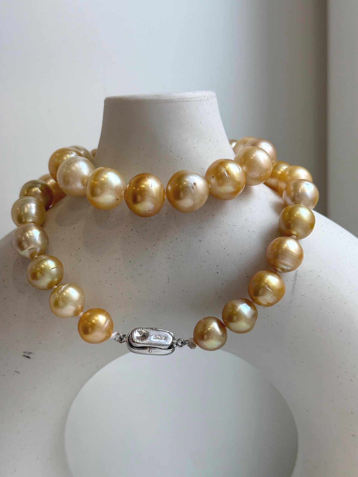 Elly’s 9.8-12.7mm 38pcs South sea Golden Ocean Pearls Necklace: Extreme luster, 18.5” knotted, S925 silver necklace strand.gift for her retirement