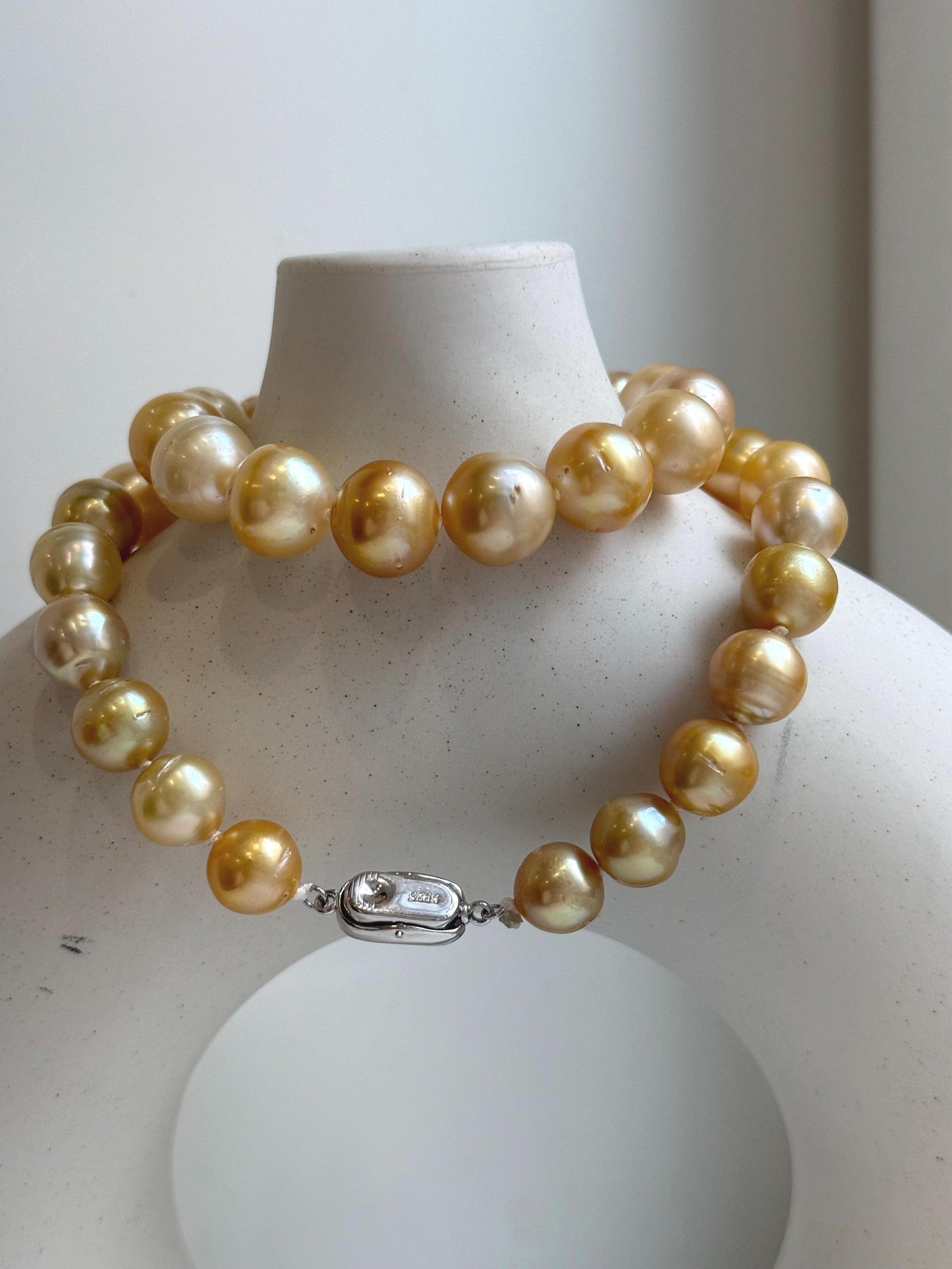 Elly’s 9.8-12.7mm 38pcs South sea Golden Ocean Pearls Necklace: Extreme luster, 18.5” knotted, S925 silver necklace strand.gift for her retirement