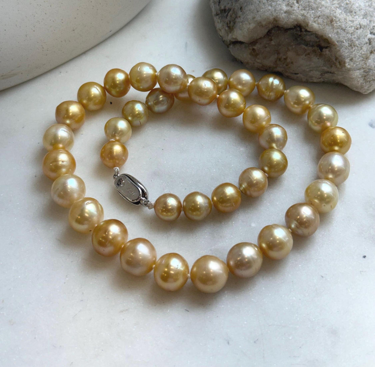 Elly’s 9.8-12.7mm 38pcs South sea Golden Ocean Pearls Necklace: Extreme luster, 18.5” knotted, S925 silver necklace strand.gift for her