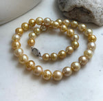 Elly’s 9.8-12.7mm 38pcs South sea Golden Ocean Pearls Necklace: Extreme luster, 18.5” knotted, S925 silver necklace strand.gift for her