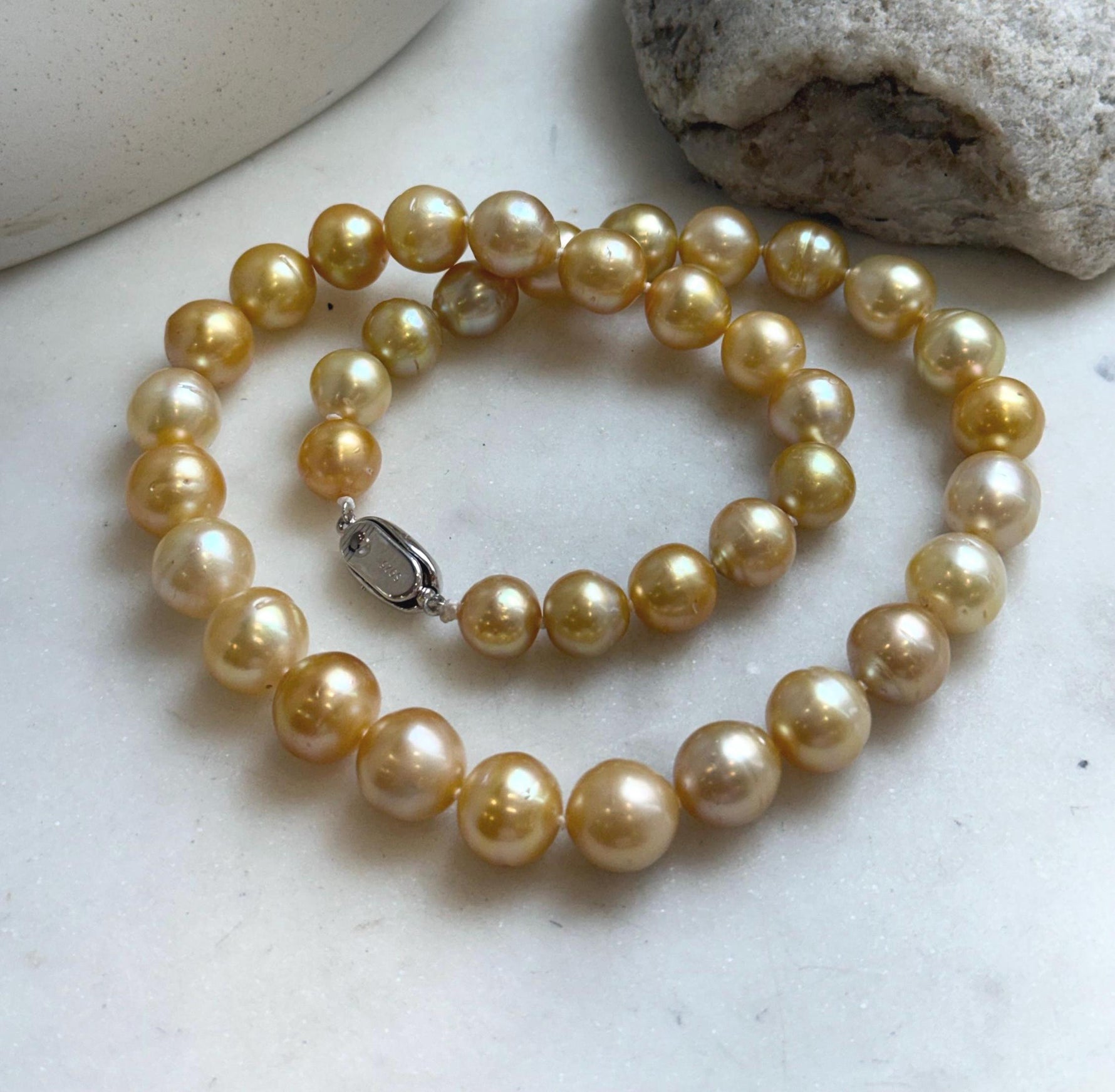 Elly’s 9.8-12.7mm 38pcs South sea Golden Ocean Pearls Necklace: Extreme luster, 18.5” knotted, S925 silver necklace strand.gift for her