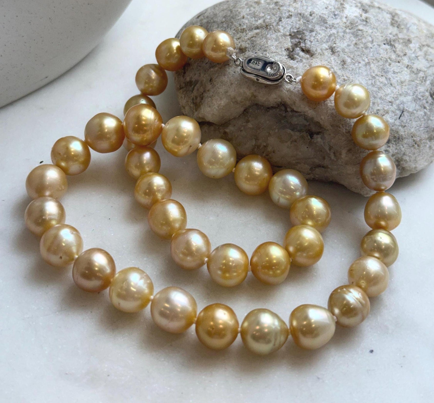Elly’s 9.8-12.7mm 38pcs South sea Golden Ocean Pearls Necklace: Extreme luster, 18.5” knotted, S925 silver necklace strand.gift for her
