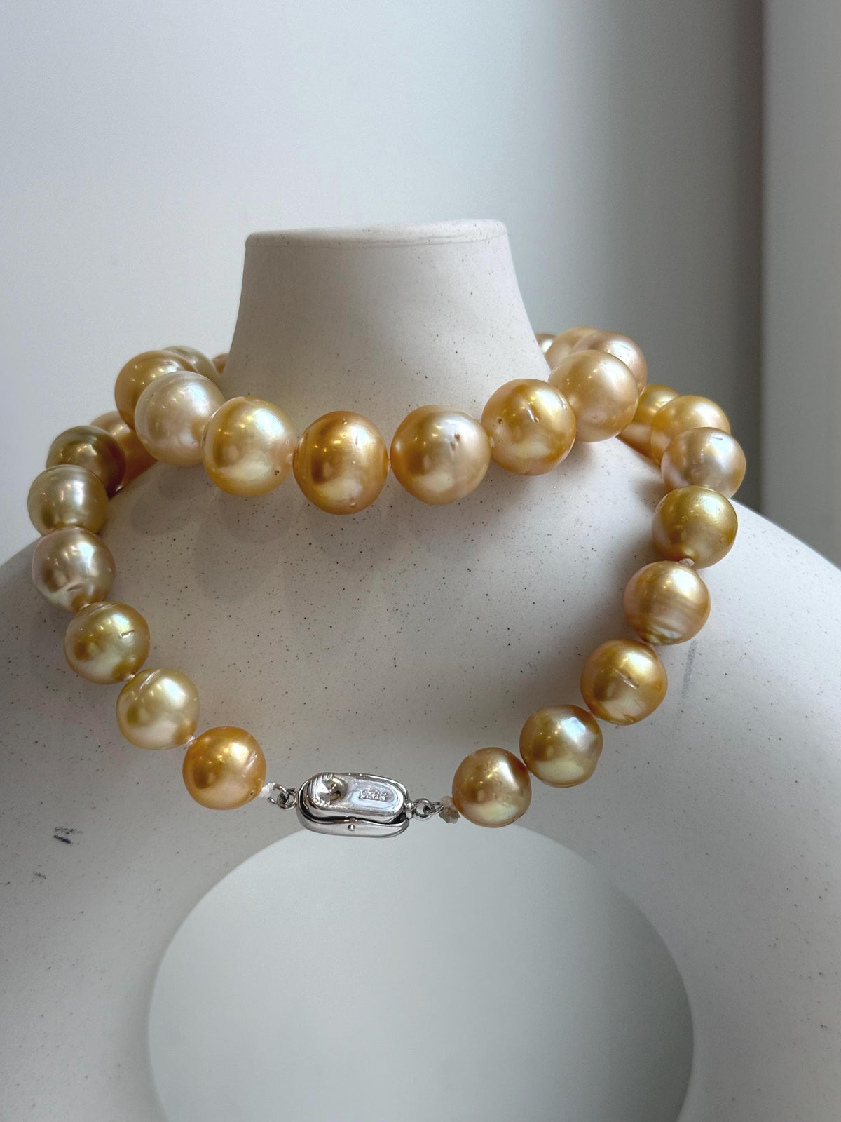 Elly’s 9.8-12.7mm 38pcs South sea Golden Ocean Pearls Necklace: Extreme luster, 18.5” knotted, S925 silver necklace strand.gift for her