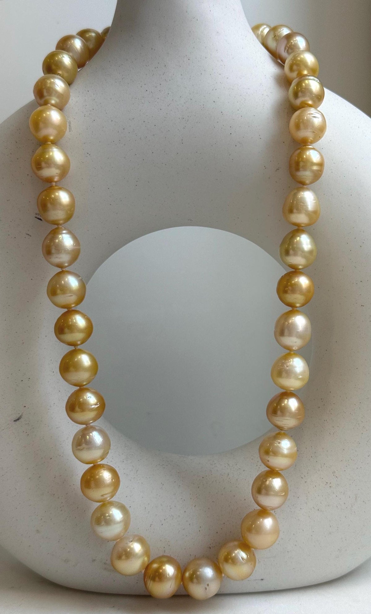 Elly’s 9.8-12.7mm 38pcs South sea Golden Ocean Pearls Necklace: Extreme luster, 18.5” knotted, S925 silver necklace strand.gift for her