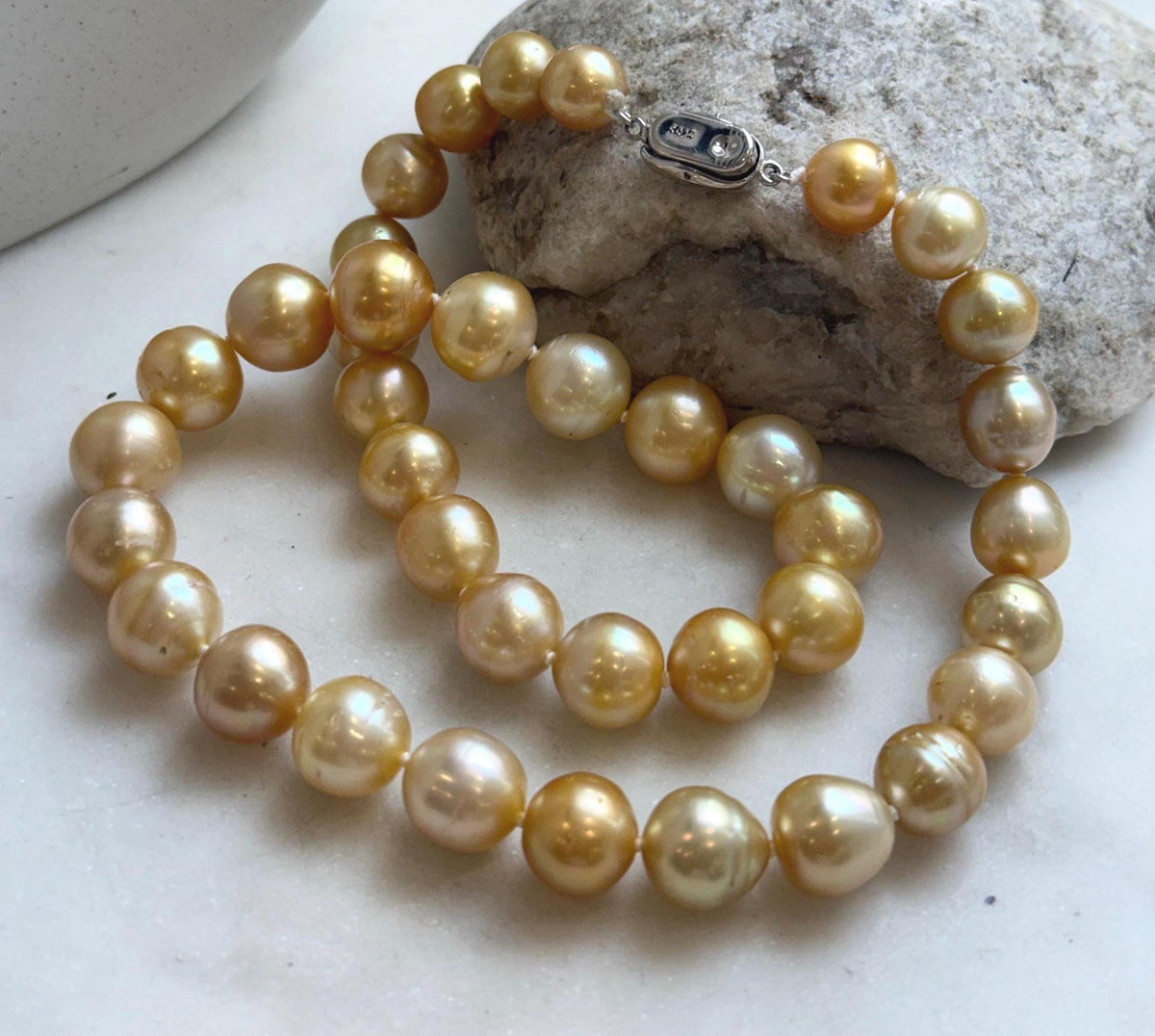 Elly’s 9.8-12.7mm 38pcs South sea Golden Ocean Pearls Necklace: Extreme luster, 18.5” knotted, S925 silver necklace strand.gift for her