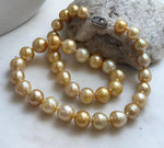 Elly’s 9.8-12.7mm 38pcs South sea Golden Ocean Pearls Necklace: Extreme luster, 18.5” knotted, S925 silver necklace strand.gift for her