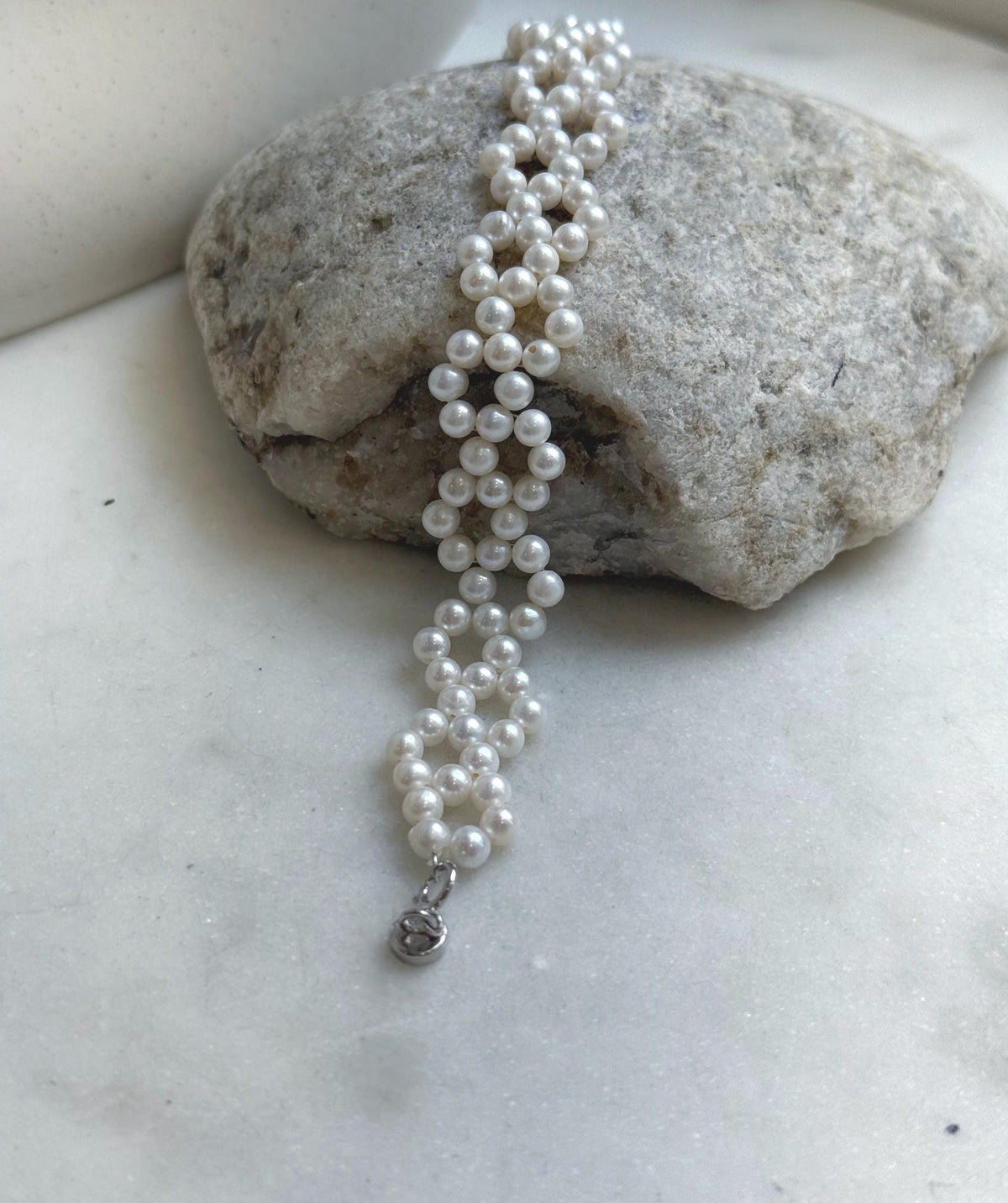 Elly’s 3-ply 4-4.5mm white pearls bracelet: Extreme luster, Handmade braided, 6.9”, S925 silver magnetic clips bracelet. daily pearl bracelet