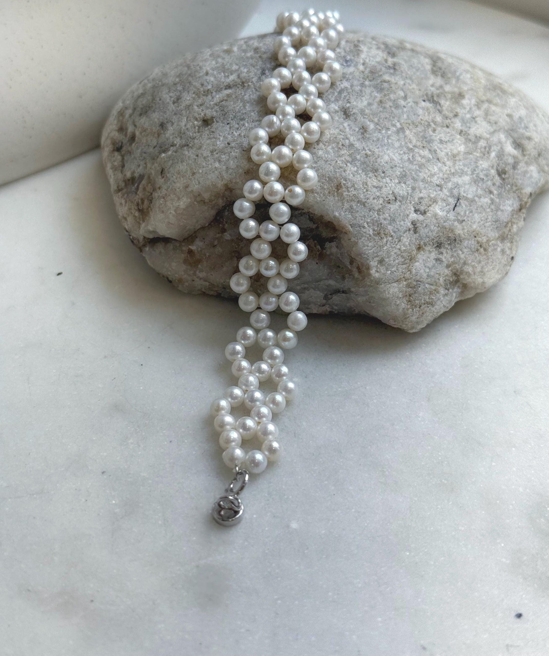 Elly’s 3-ply 4-4.5mm white pearls bracelet: Extreme luster, Handmade braided, 6.9”, S925 silver magnetic clips bracelet. daily pearl bracelet