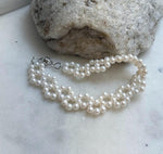 Elly’s 3-ply 4-4.5mm white pearls bracelet: Extreme luster, Handmade braided, 6.9”, S925 silver magnetic clips bracelet. daily pearl bracelet