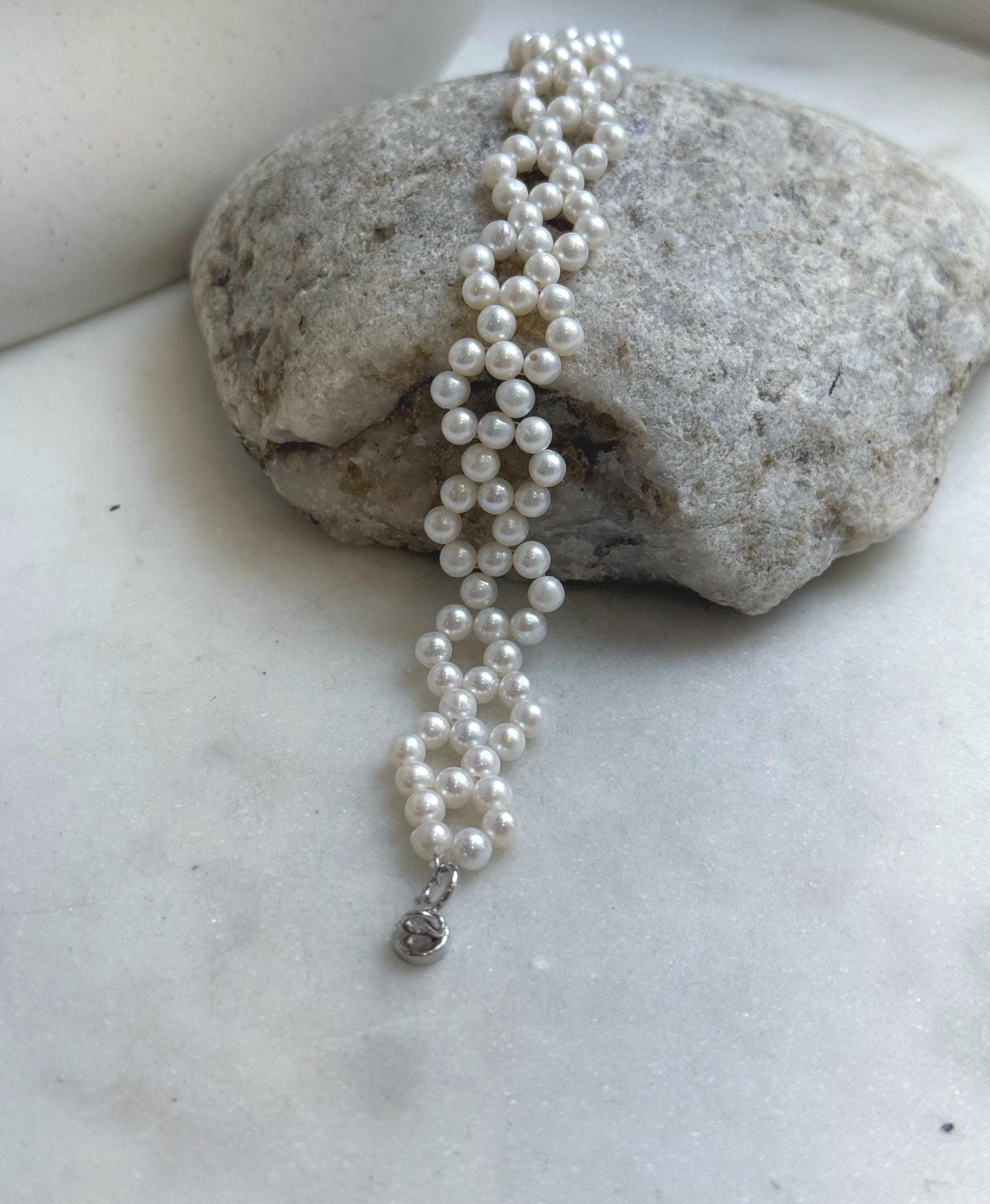 Elly’s 3-ply 4-4.5mm white pearls bracelet: Extreme luster, Handmade braided, 6.9”, S925 silver magnetic clips bracelet. daily office pearl bracelet