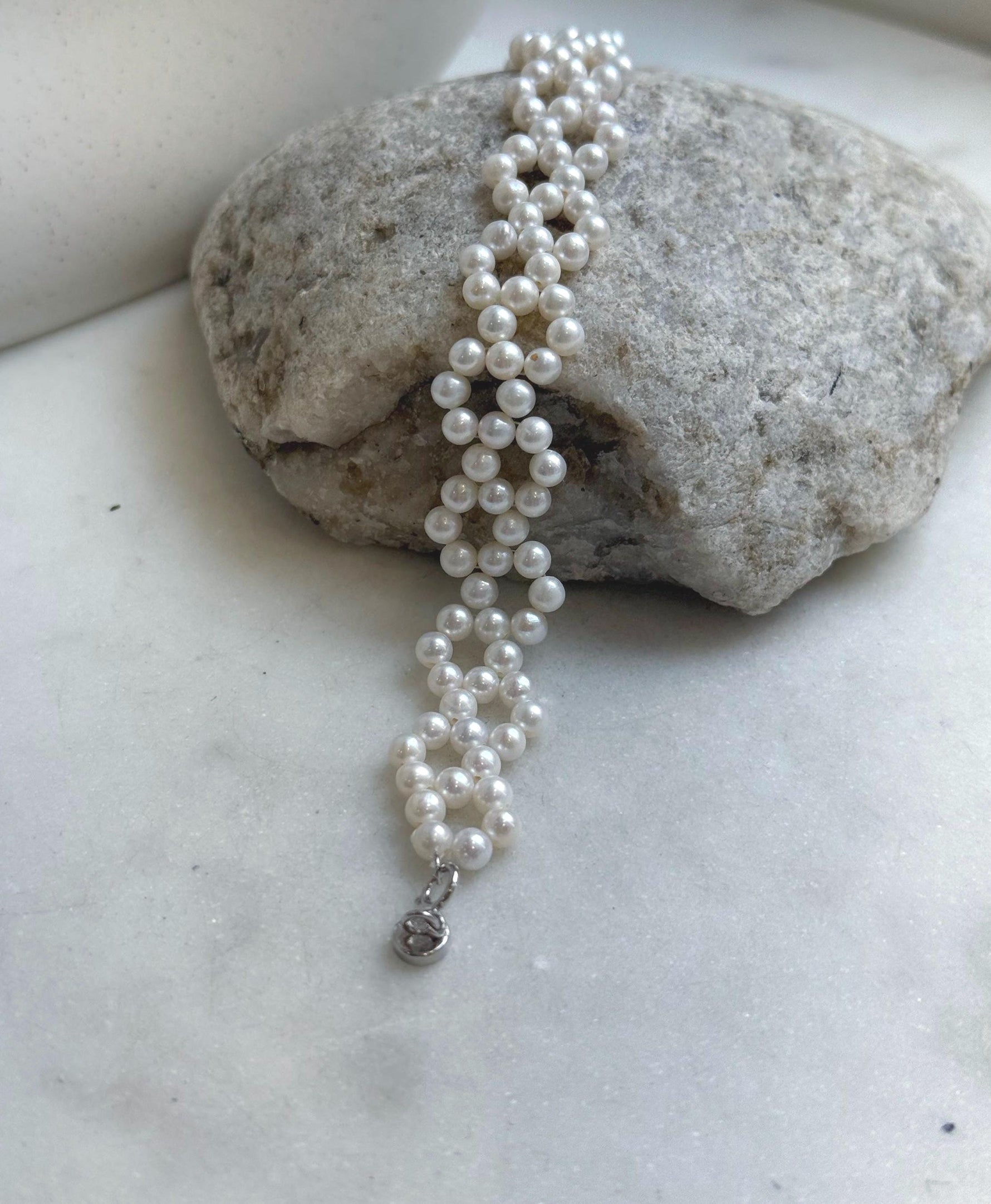 Elly’s 3-ply 4-4.5mm white pearls bracelet: Extreme luster, Handmade braided, 6.9”, S925 silver magnetic clips bracelet. daily office pearl bracelet