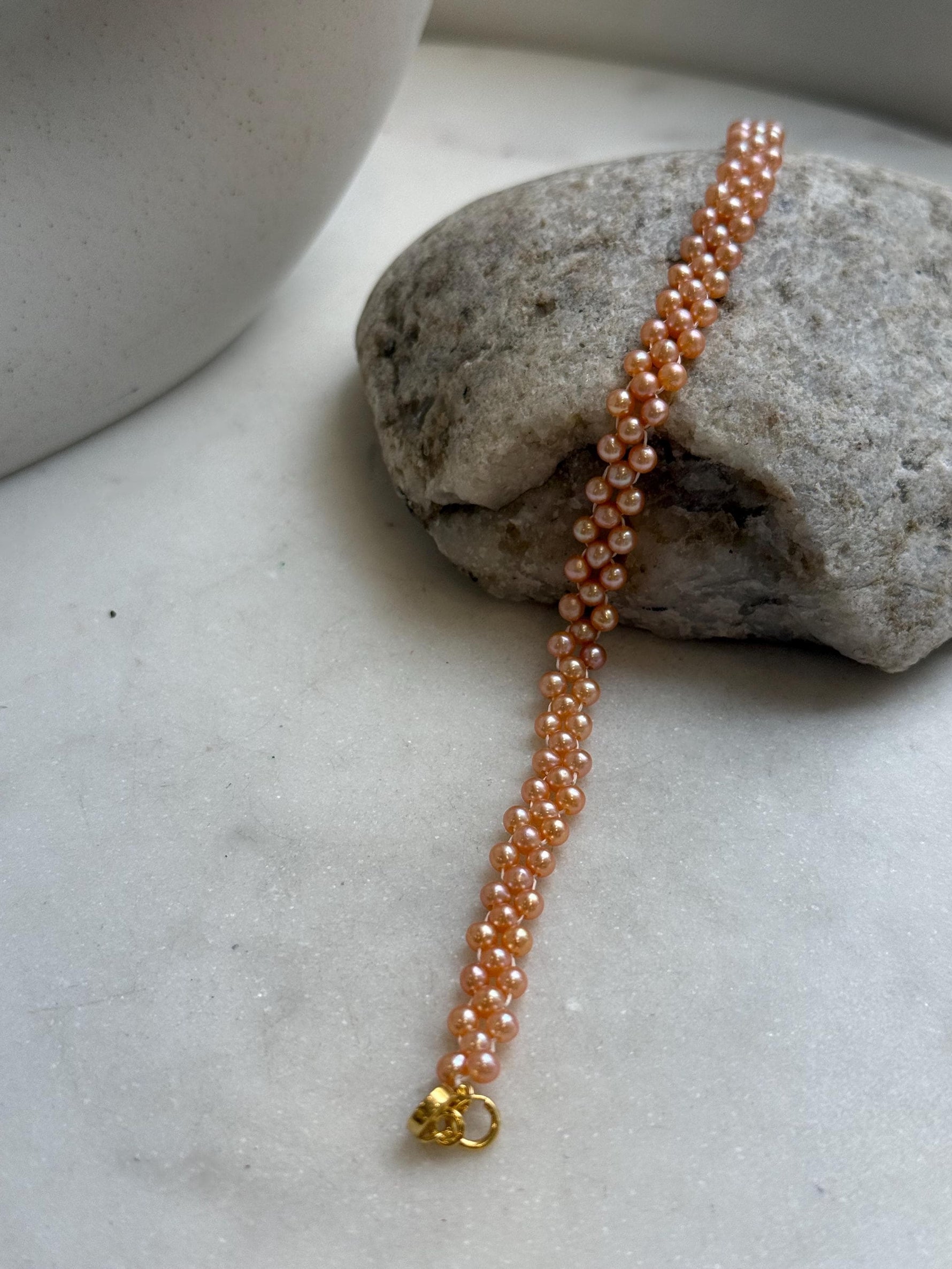 Elly’s 3-ply 3-3.5mm peach pearls bracelet: Extreme luster, Handmade braided, 6.9”, S925 silver magnetic clips bracelet.daily pearls bracelet