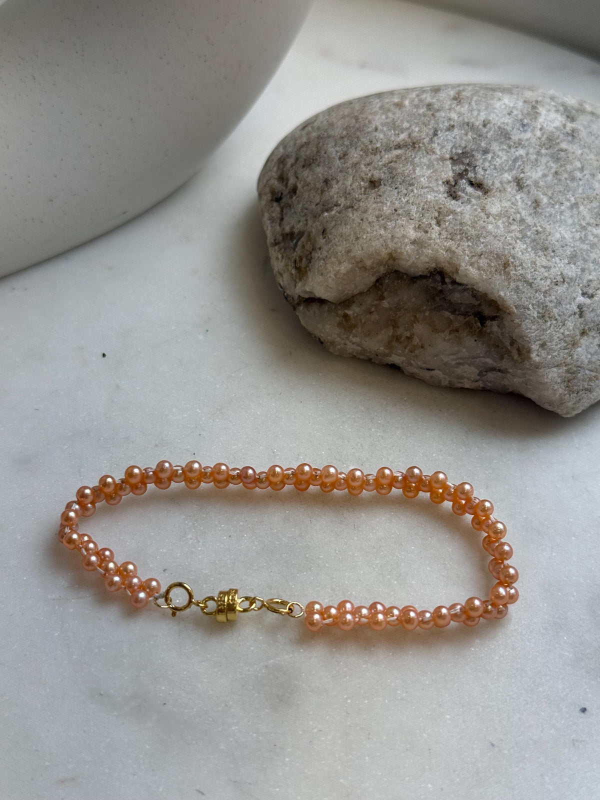 Elly’s 3-ply 3-3.5mm peach pearls bracelet: Extreme luster, Handmade braided, 6.9”, S925 silver magnetic clips bracelet.daily office pearls bracelet
