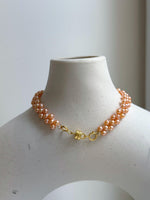Elly’s 3-ply 3-3.5mm peach pearls bracelet: Extreme luster, Handmade braided, 6.9”, S925 silver magnetic clips bracelet.daily office pearls bracelet