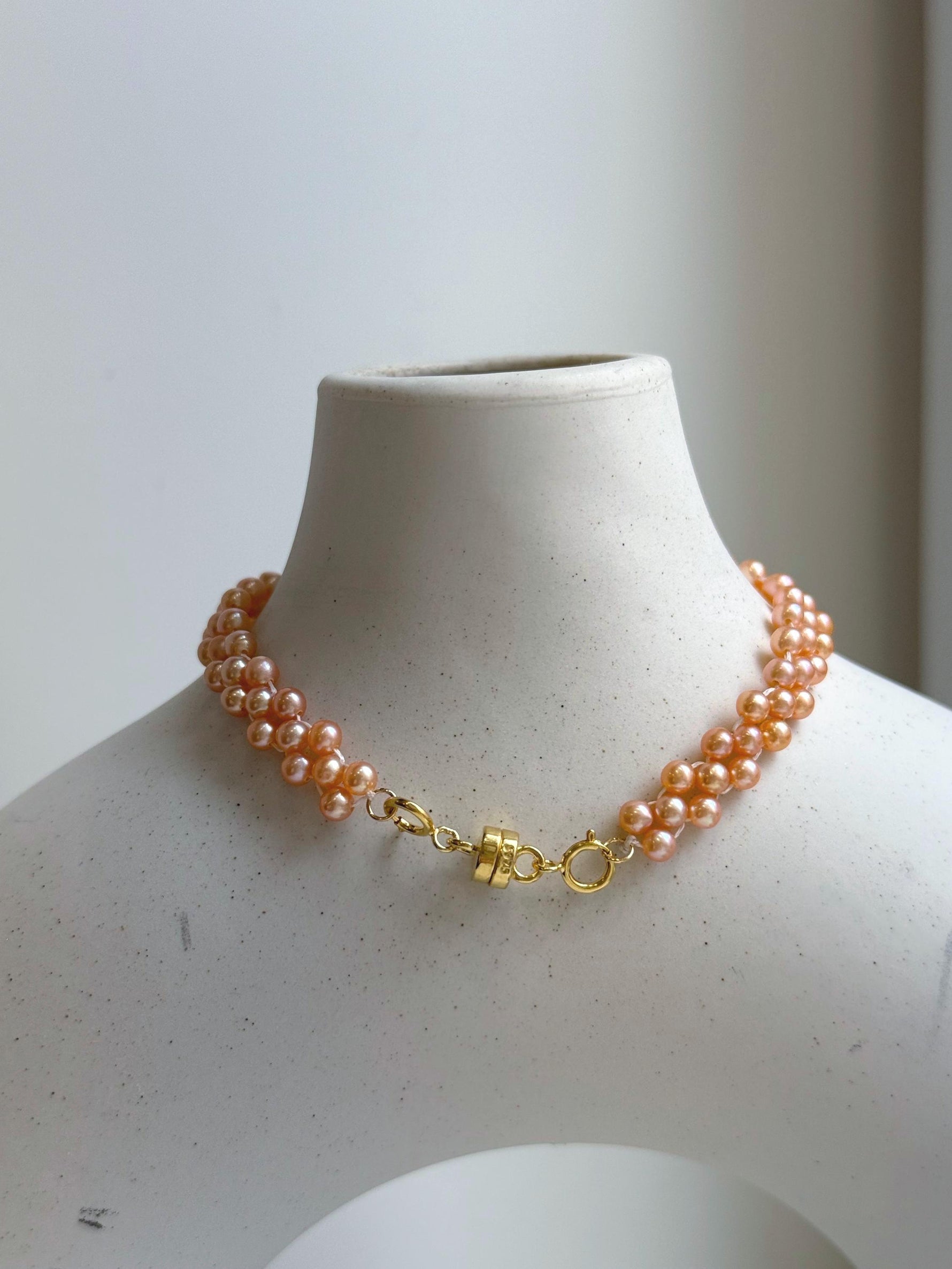 Elly’s 3-ply 3-3.5mm peach pearls bracelet: Extreme luster, Handmade braided, 6.9”, S925 silver magnetic clips bracelet.daily office pearls bracelet