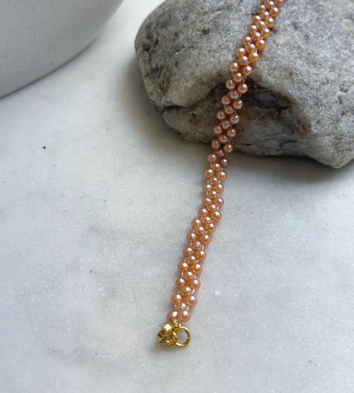 Elly’s 3-ply 3-3.5mm peach pearls bracelet: Extreme luster, Handmade braided, 6.9”, S925 silver magnetic clips bracelet.daily office pearls bracelet