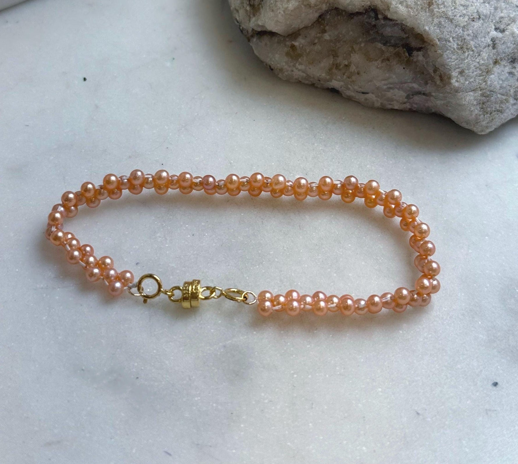 Elly’s 3-ply 3-3.5mm peach pearls bracelet: Extreme luster, Handmade braided, 6.9”, S925 silver magnetic clips bracelet.daily office pearls bracelet