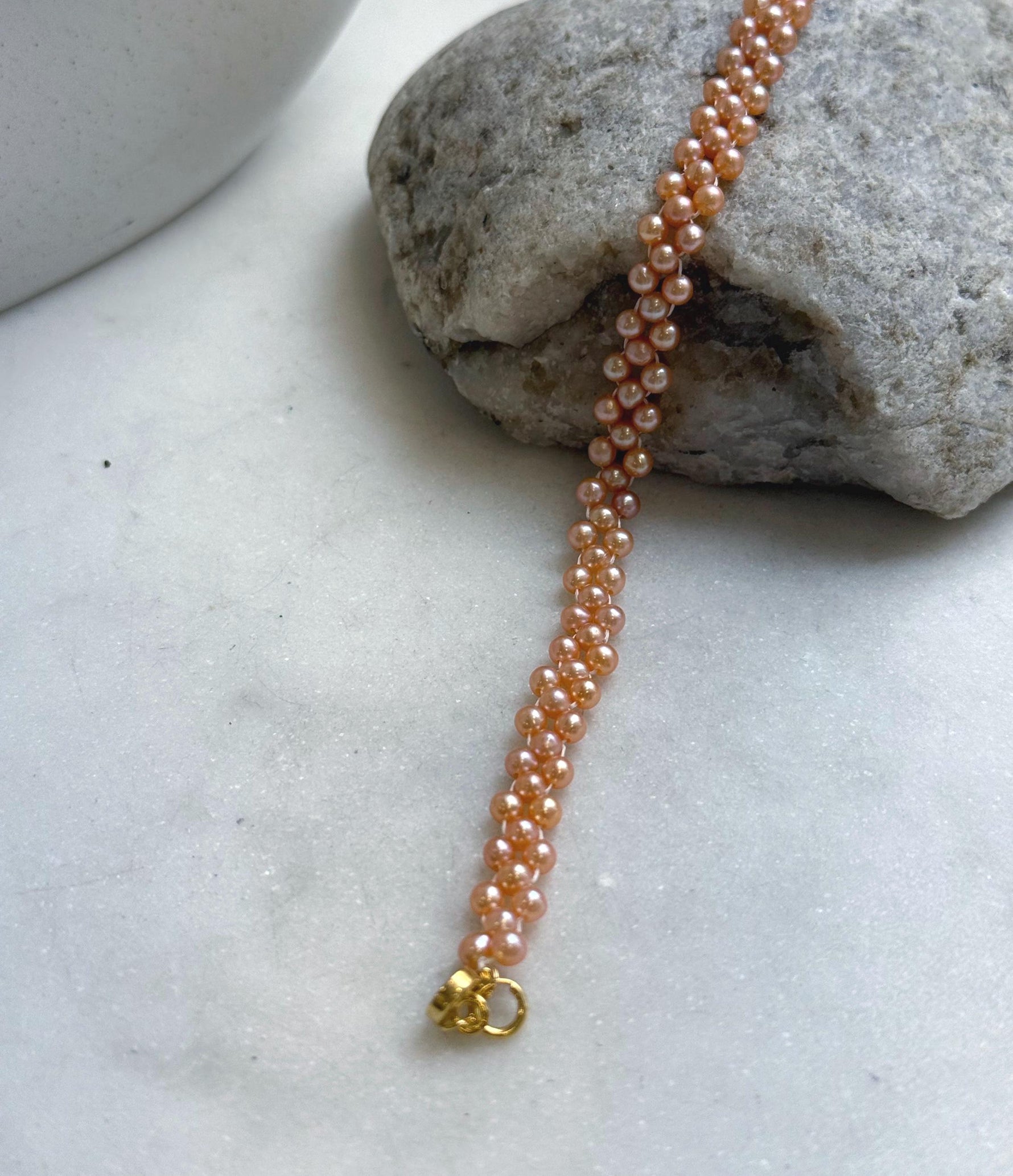 Elly’s 3-ply 3-3.5mm peach pearls bracelet: Extreme luster, Handmade braided, 6.9”, S925 silver magnetic clips bracelet.daily office pearls bracelet