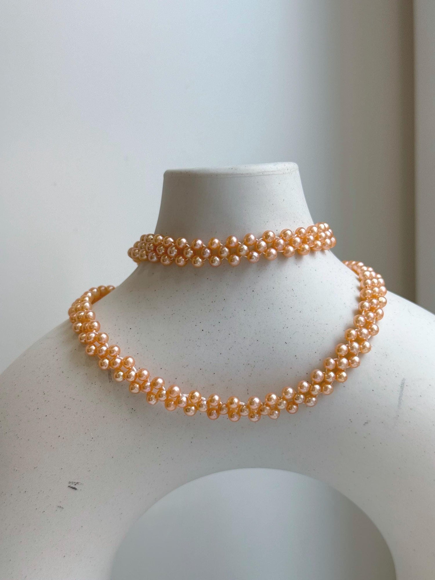 Elly’s 3-ply 3-3.5mm peach pearls necklace: Extreme luster, Handmade braided, 15.7”, S925 silver magnetic clips necklace strand. daily pearls fancy necklace strand.