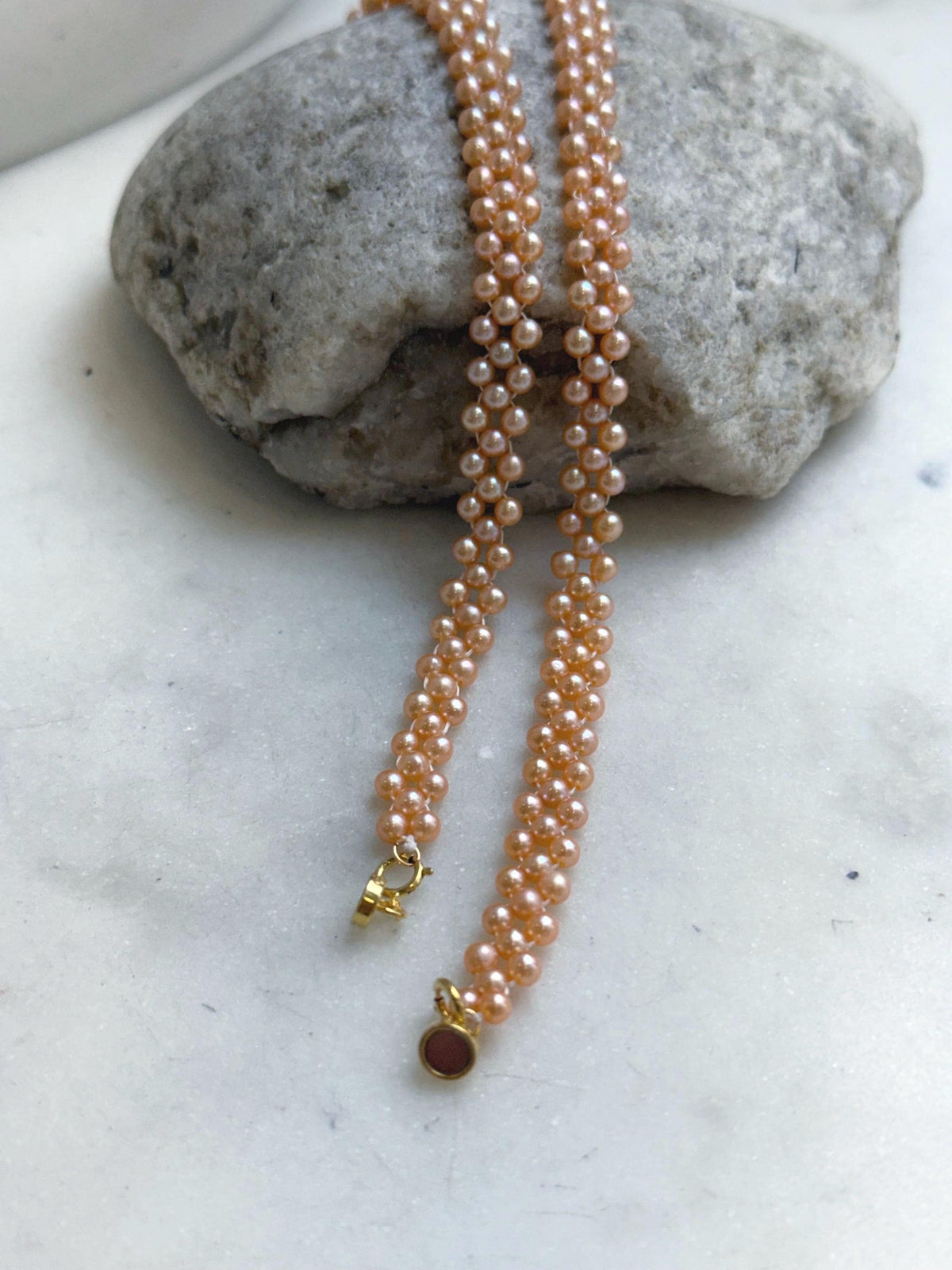 Elly’s 3-ply 3-3.5mm peach pearls necklace: Extreme luster, Handmade braided, 15.7”, S925 silver magnetic clips necklace strand. daily pearls fancy necklace strand.