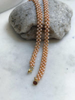 Elly’s 3-ply 3-3.5mm peach pearls necklace: Extreme luster, Handmade braided, 15.7”, S925 silver magnetic clips necklace strand. daily pearls fancy necklace strand.