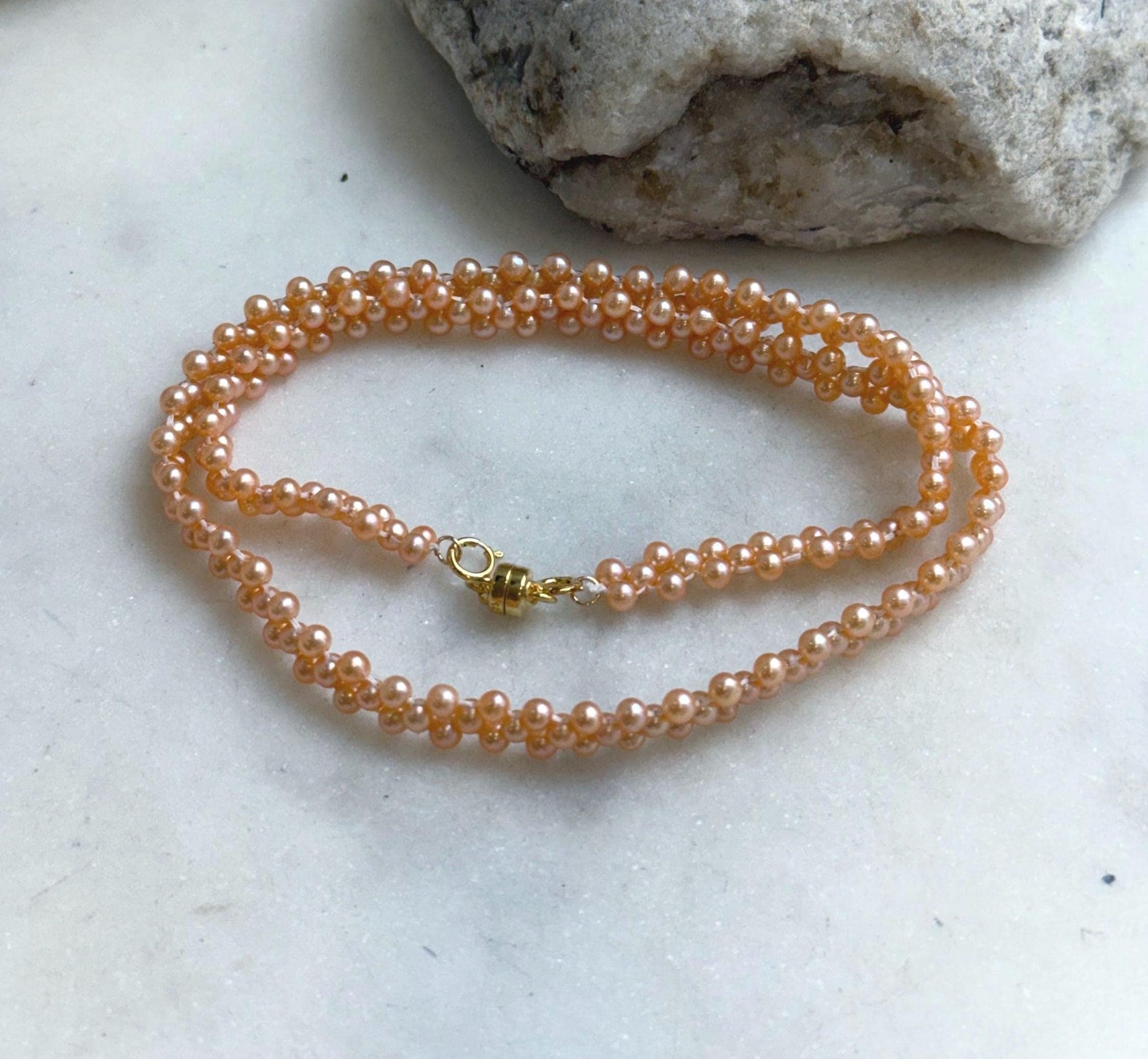 Elly’s 3-ply 3-3.5mm peach pearls necklace: Extreme luster, Handmade braided, 15.7”, S925 silver magnetic clips necklace strand. daily pearls fancy necklace strand.