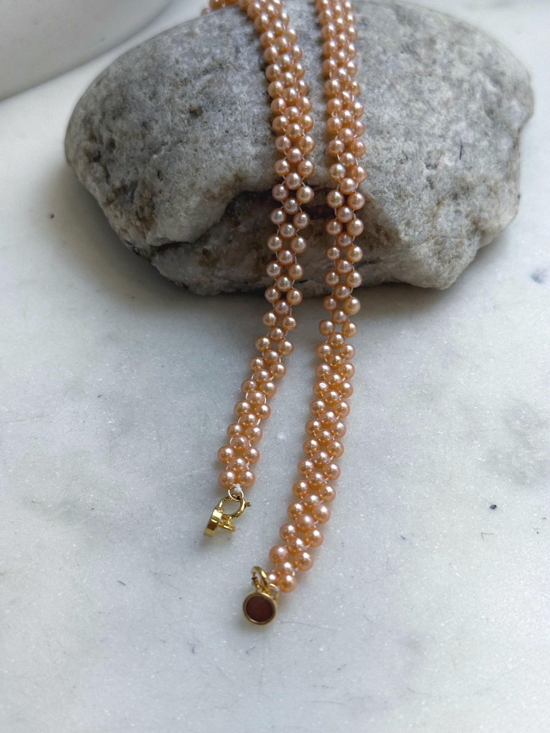 Elly’s 3-ply 3-3.5mm peach pearls necklace: Extreme luster, Handmade braided, 15.7”, S925 silver magnetic clips necklace strand. daily pearls fancy necklace strand.