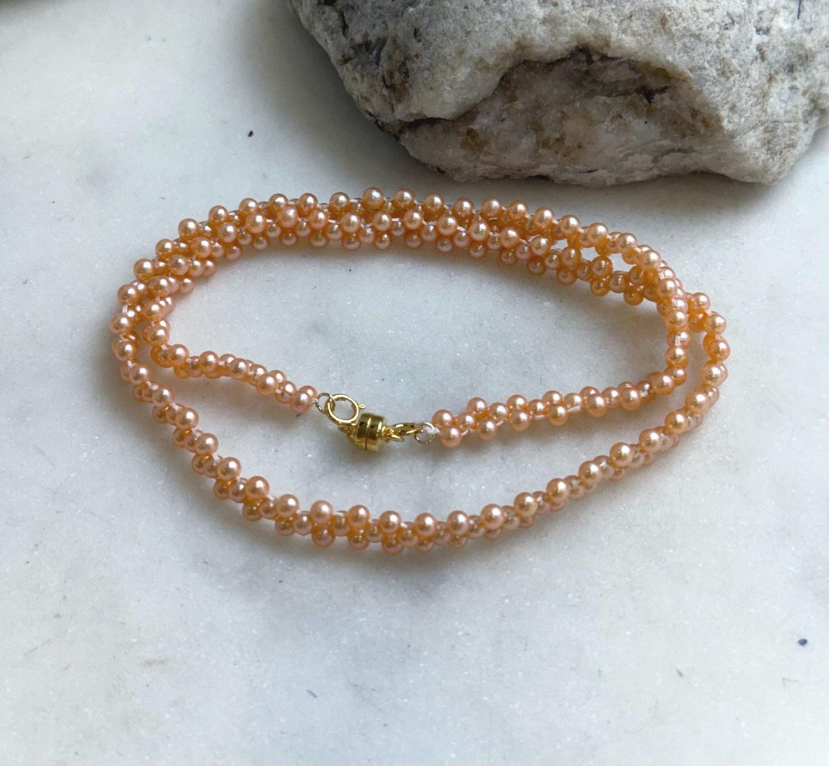 Elly’s 3-ply 3-3.5mm peach pearls necklace: Extreme luster, Handmade braided, 15.7”, S925 silver magnetic clips necklace strand. daily pearls fancy necklace strand.