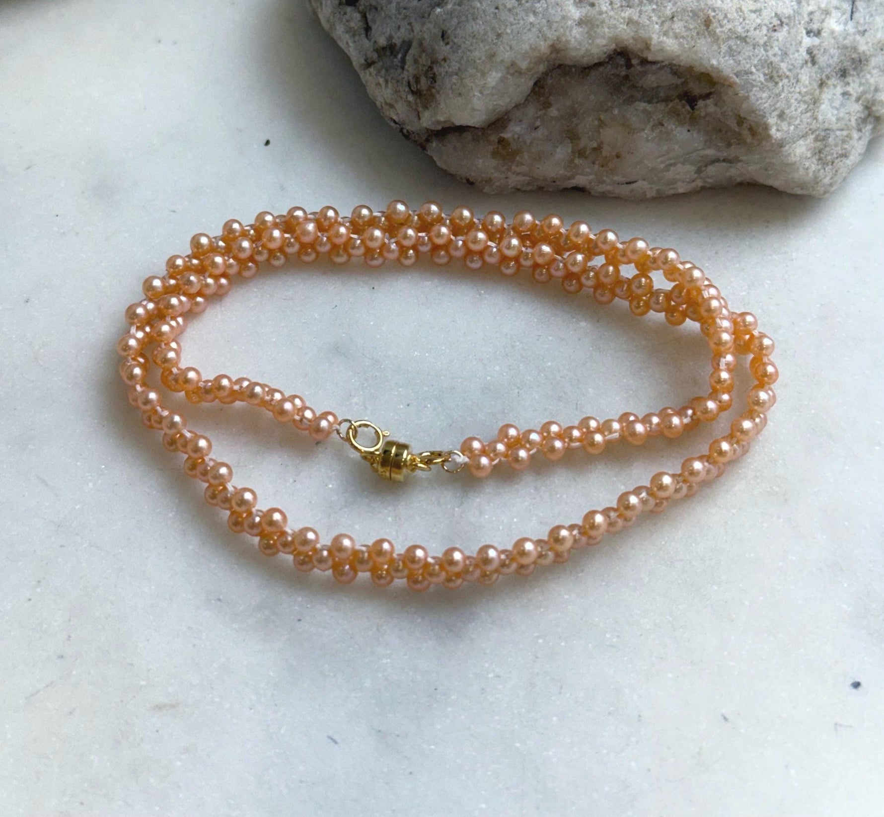 Elly’s 3-ply 3-3.5mm peach pearls necklace: Extreme luster, Handmade braided, 15.7”, S925 silver magnetic clips necklace strand. daily pearls fancy necklace strand.