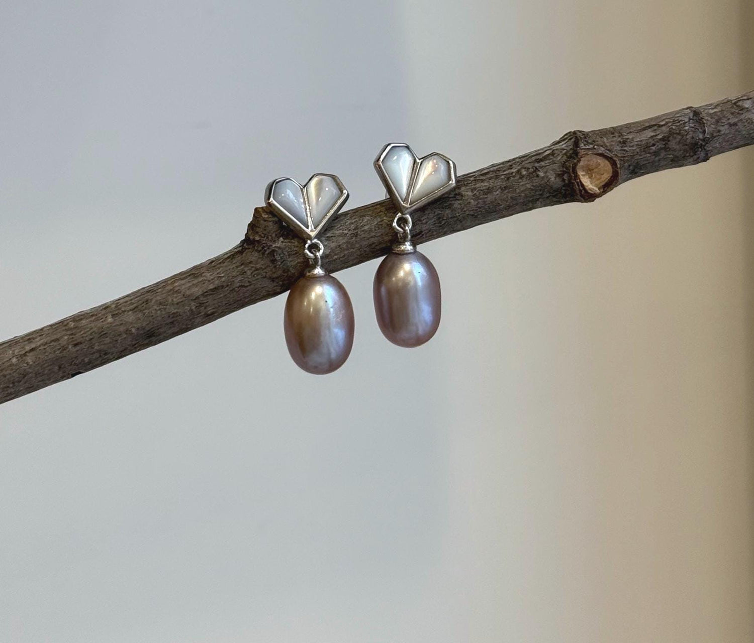Elly’s Lavender purple pearls Heart earrings: Extreme luster mirrored, 7.8mm, S925 silver earrings.