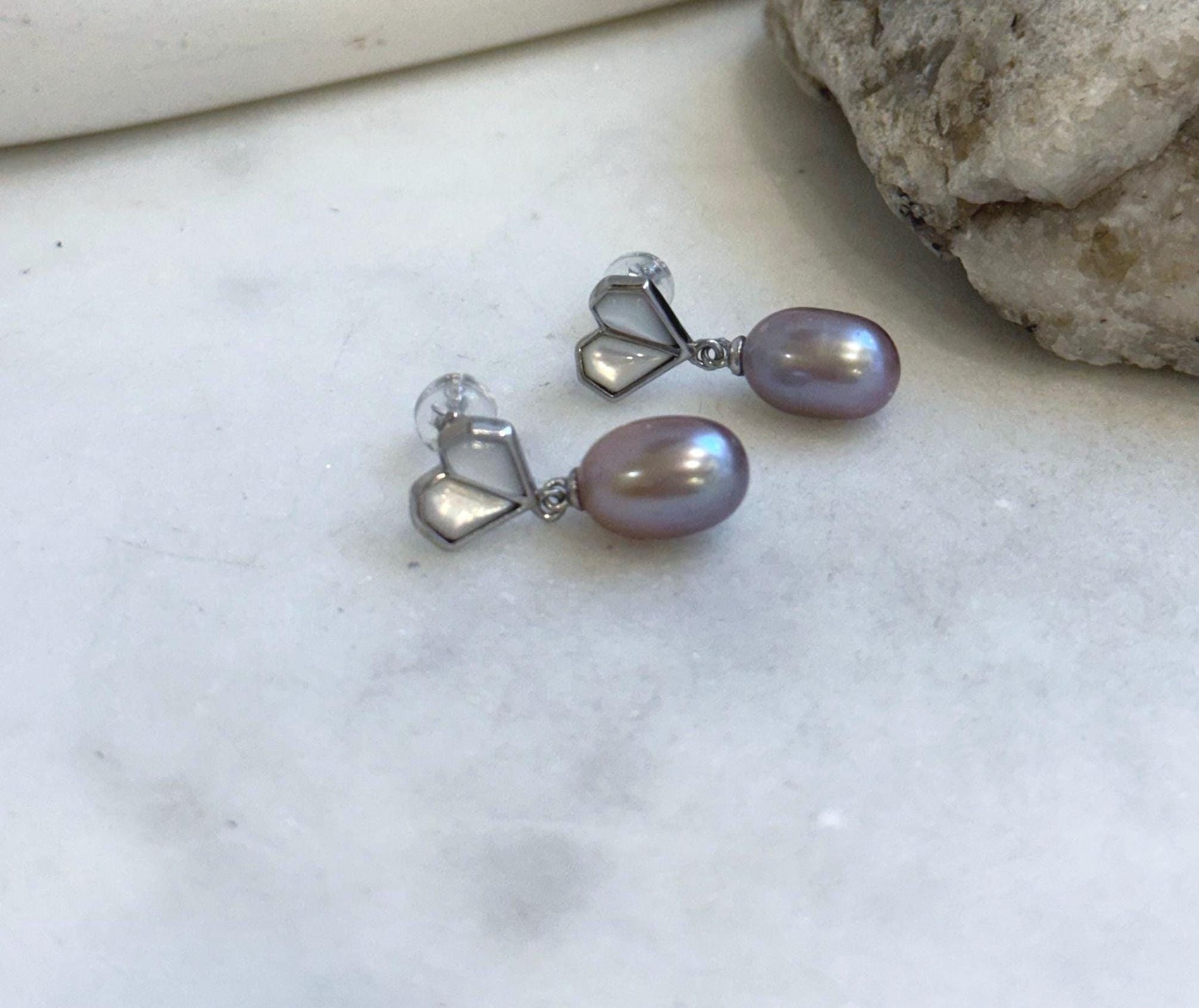 Elly’s Lavender purple pearls Heart earrings: Extreme luster mirrored, 7.8mm, S925 silver earrings.