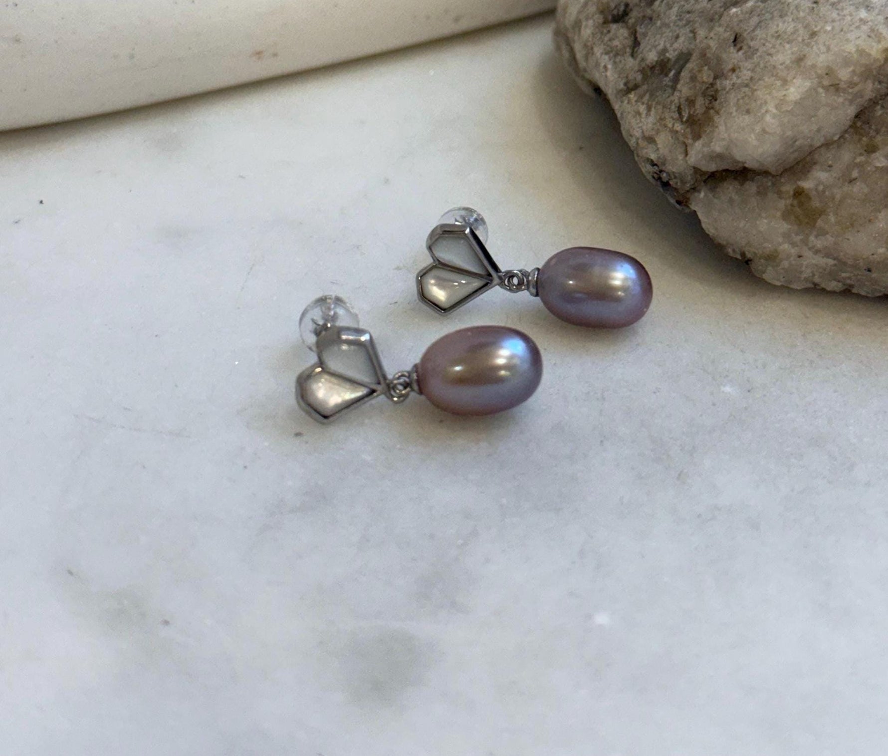 Elly’s Lavender purple pearls Heart earrings: Extreme luster mirrored, 7.8mm, S925 silver earrings.