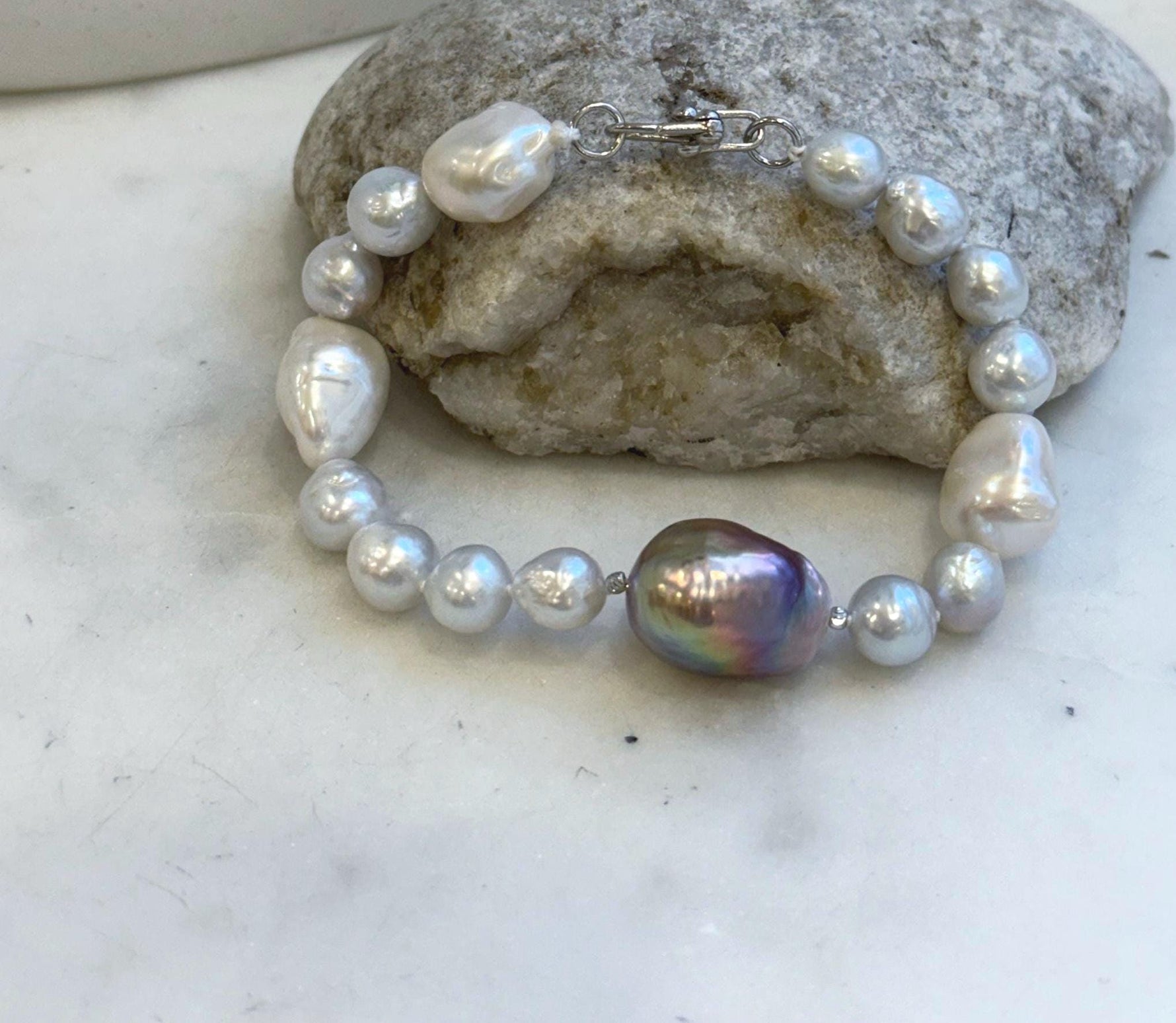 Elly’s 8-14.6mm White metallic rainbow iridescent Pearls Bracelet: Extreme luster mirrored, 8.5” knotted, S925 silver Bracelet.daily bracelet