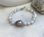 Elly’s 8-14.6mm White metallic rainbow iridescent Pearls Bracelet: Extreme luster mirrored, 8.5” knotted, S925 silver Bracelet.daily pearl bracelet