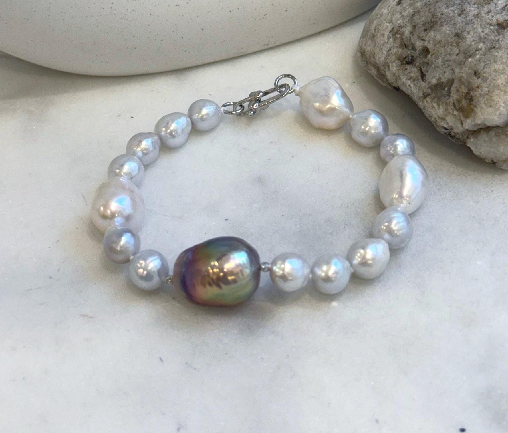 Elly’s 8-14.6mm White metallic rainbow iridescent Pearls Bracelet: Extreme luster mirrored, 8.5” knotted, S925 silver Bracelet.daily pearl bracelet