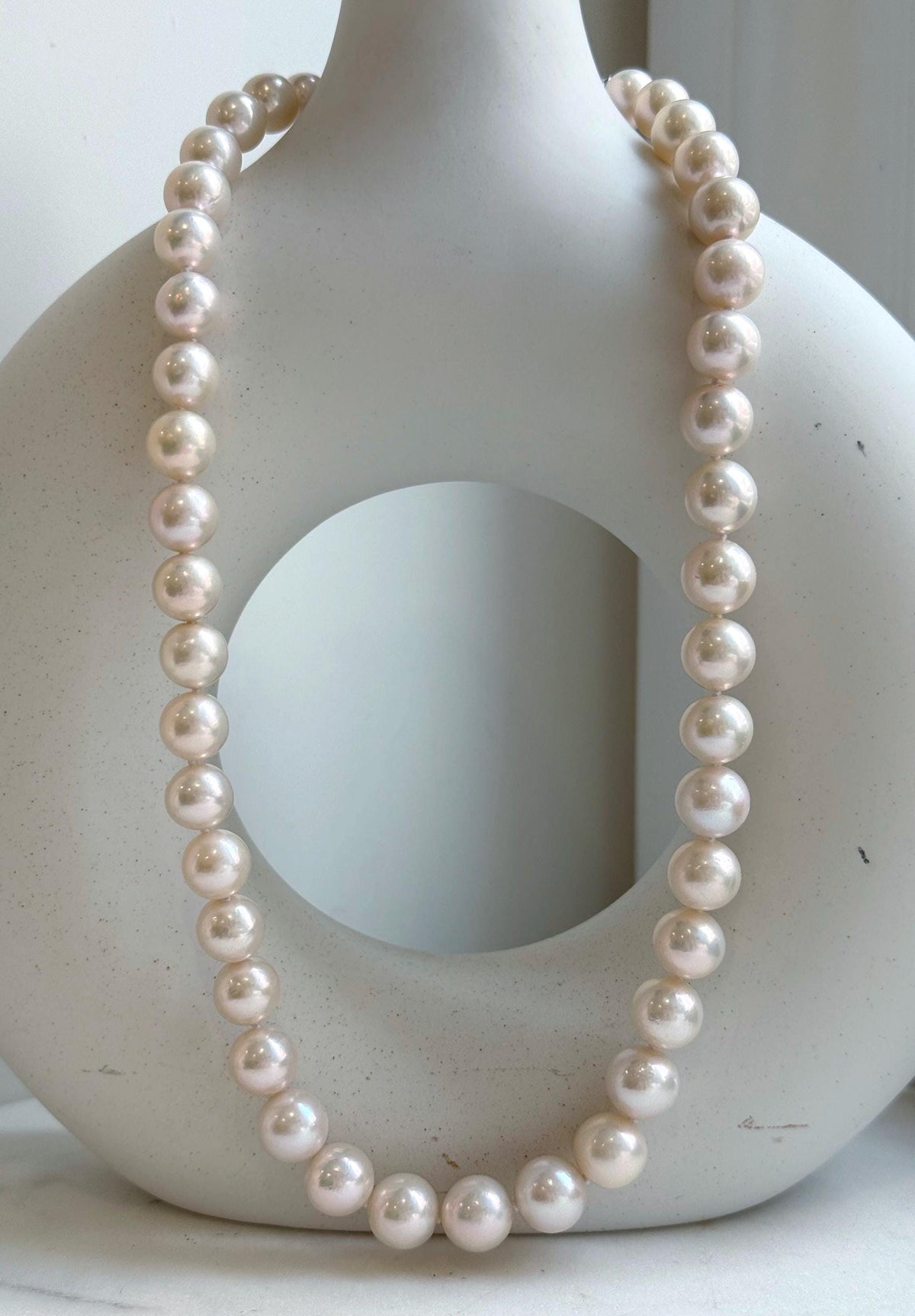 Elly’s 41pcs Top quality light rose round Edison Pearls Necklace Strand: Extreme luster mirrored, 8.5-11.1mm, 18.8”, S925 silver necklace. gift for her Valentine’s Day