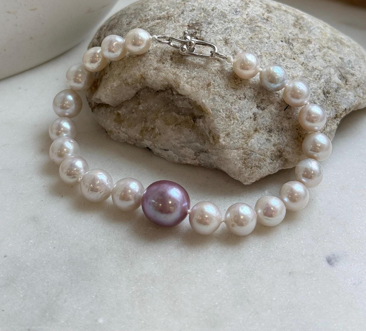 Elly’s 7.7-12.8mm White iridescent purple Pearls Bracelet: Extreme luster mirrored, 8.9” knotted, S925 silver Bracelet. gift for her