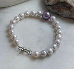 Elly’s 7.7-12.8mm White iridescent purple Pearls Bracelet: Extreme luster mirrored, 8.9” knotted, S925 silver Bracelet. gift for her anniversary
