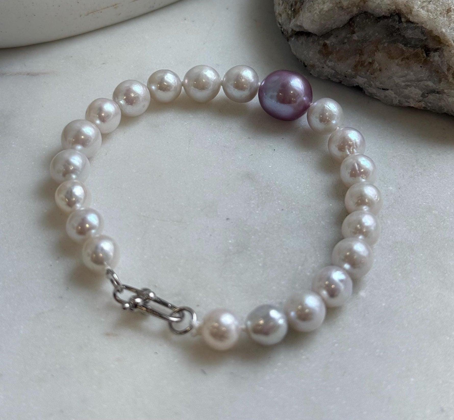 Elly’s 7.7-12.8mm White iridescent purple Pearls Bracelet: Extreme luster mirrored, 8.9” knotted, S925 silver Bracelet. gift for her anniversary