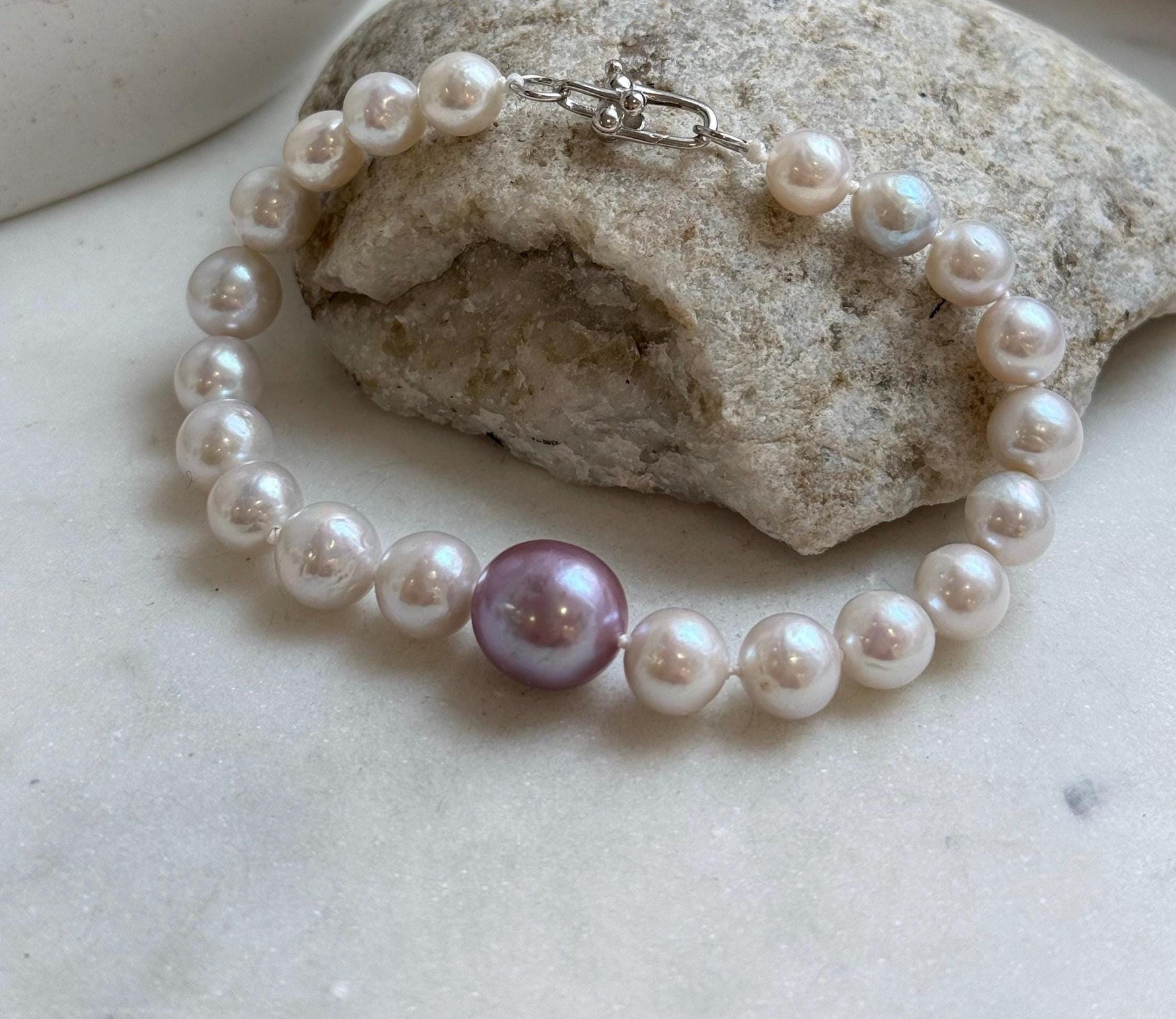 Elly’s 7.7-12.8mm White iridescent purple Pearls Bracelet: Extreme luster mirrored, 8.9” knotted, S925 silver Bracelet. gift for her