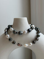 Elly’s 7.8-9.5mm Tahitian platinum Australian Ocean Pearls Necklace: extreme luster mirrored, knotted, 18.4”, S925 silver necklace.